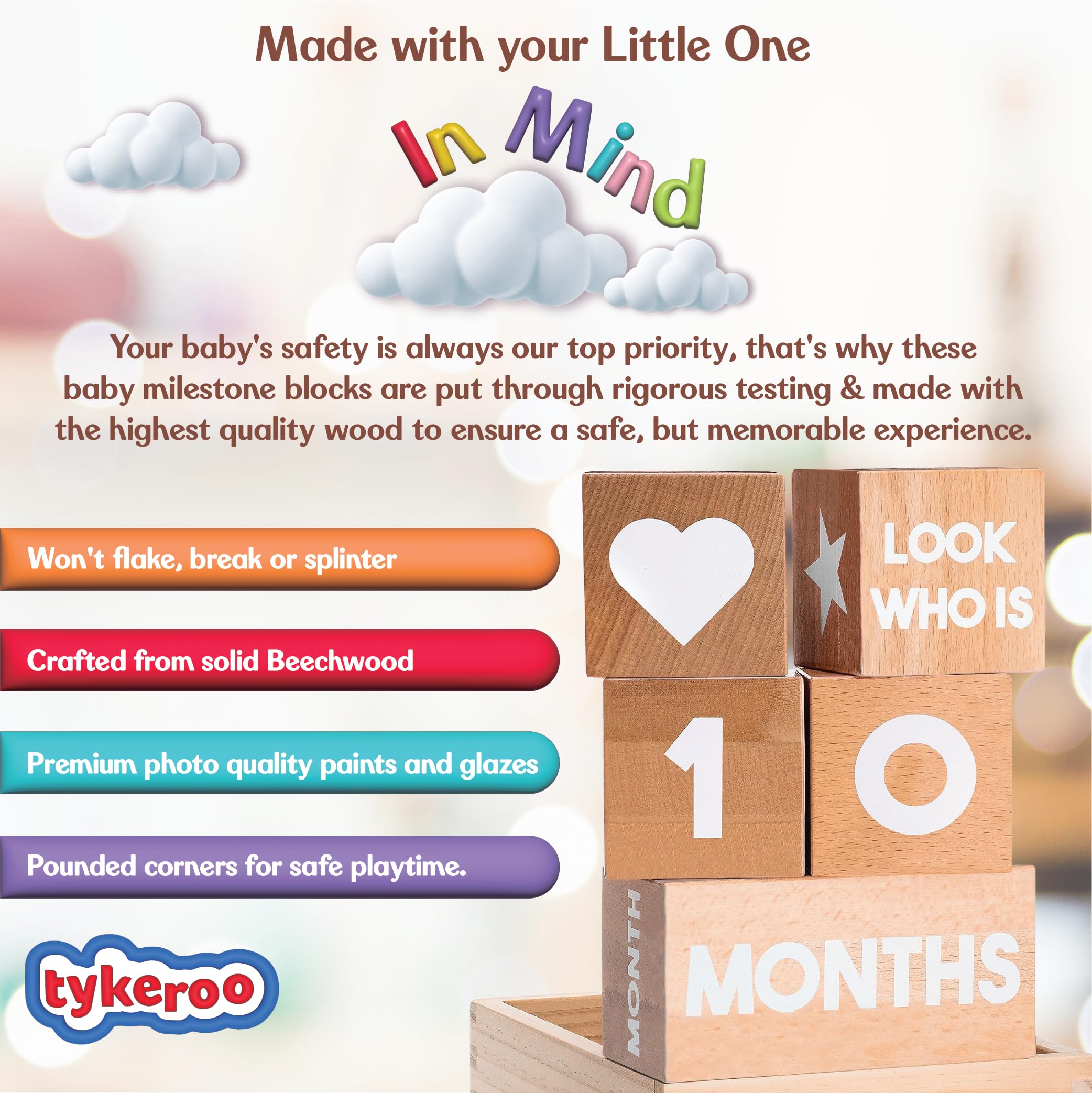 Tykeroo Baby Monthly Milestone Blocks - Natural Beech Wood Nursery Decor - Newborn Photography Props - Perfect Baby Shower Gift for Boys & Girls | Capture Precious Moments from 1-12 Months