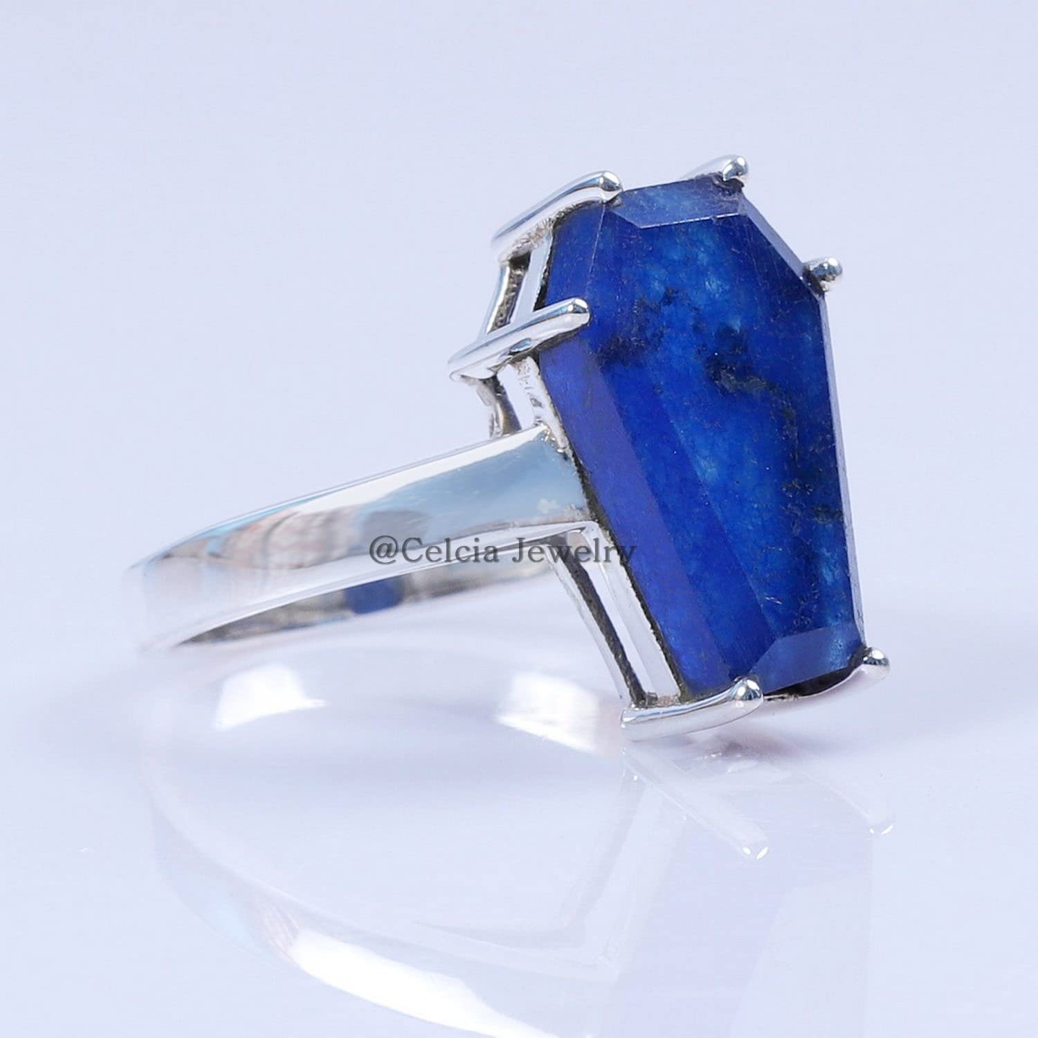 Blue Sapphire Coffin Ring - 925 Sterling Silver Unisex Jewelry, Victorian Style Statement Ring, September Birthstone Gift for Women & Men (Size 7) | Perfect for Gothic Fashion, Friendship Gifts & Metaphysical Healing