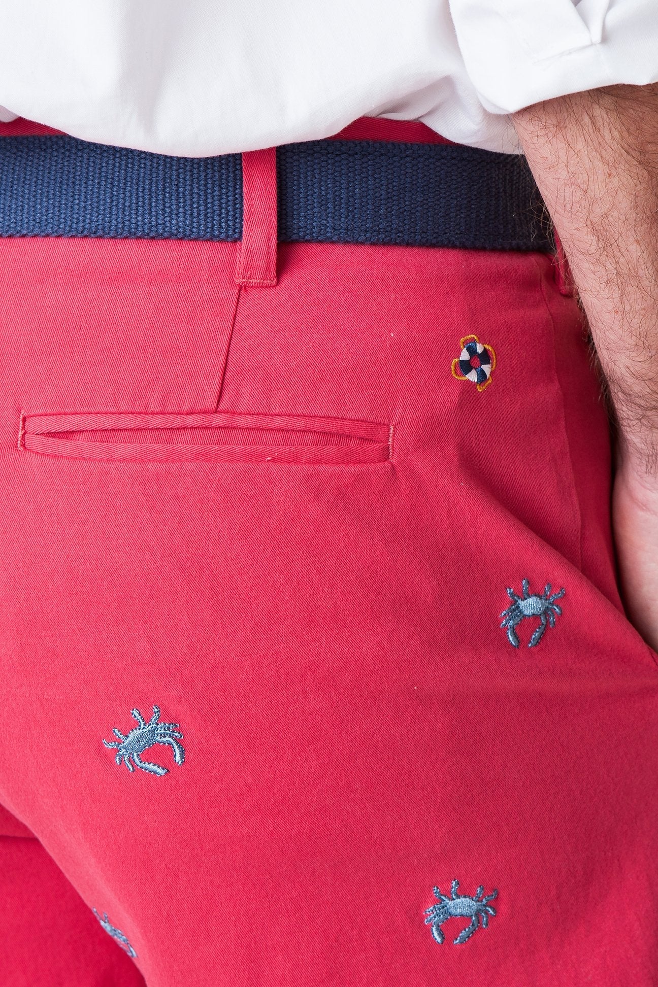 Cisco Short Stretch Twill Hurricane Red with Blue Crab Fishing Shirt - Lightweight Quick-Dry Performance Shirt for Fishing, Boating & Outdoor Activities