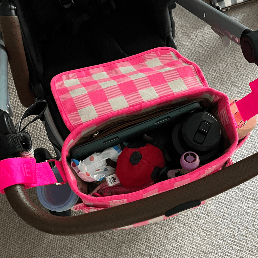 Neon Pink Gingham Carryall Pram Caddy - Perfect for Strollers, Shopping Carts & Baby Essentials Organization