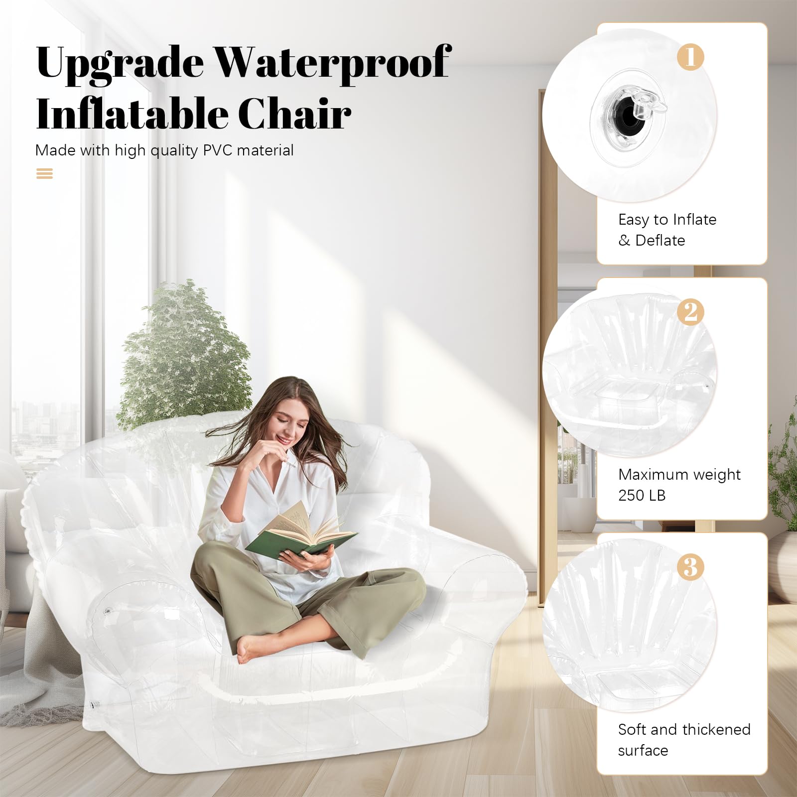 Transparent Inflatable Chair - 43.3'' x 33.5'' x 29.5'' Blow Up Couch for Adults, Indoor & Outdoor Use in Bedroom, Balcony, Pool, Lawn, Camping & Travel - Supports Up to 300lbs - Perfect for Relaxing, Lounging & Outdoor Adventures