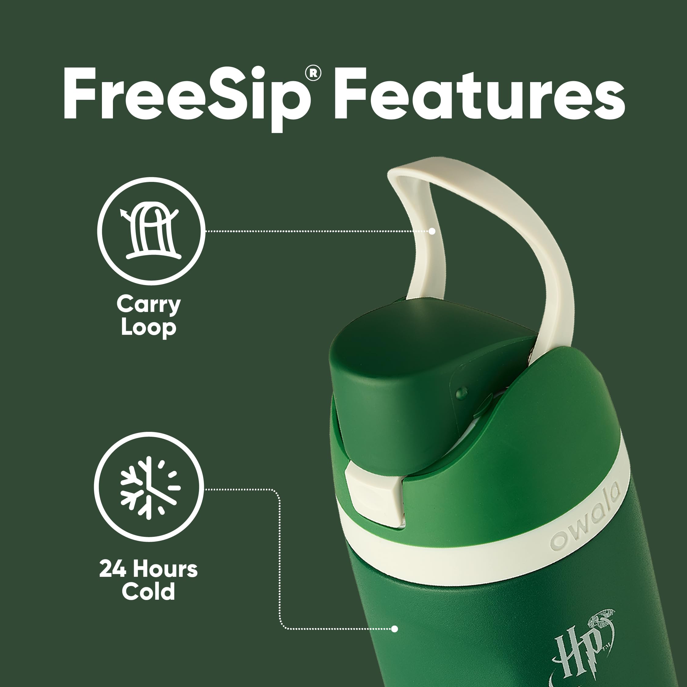 Owala Harry Potter FreeSip Insulated Stainless Steel Water Bottle with Straw - 24oz BPA-Free Slytherin Water Bottle for Sports, Gym, Hiking & Travel | Leakproof & Durable Hydration for School, Work & Outdoor Adventures