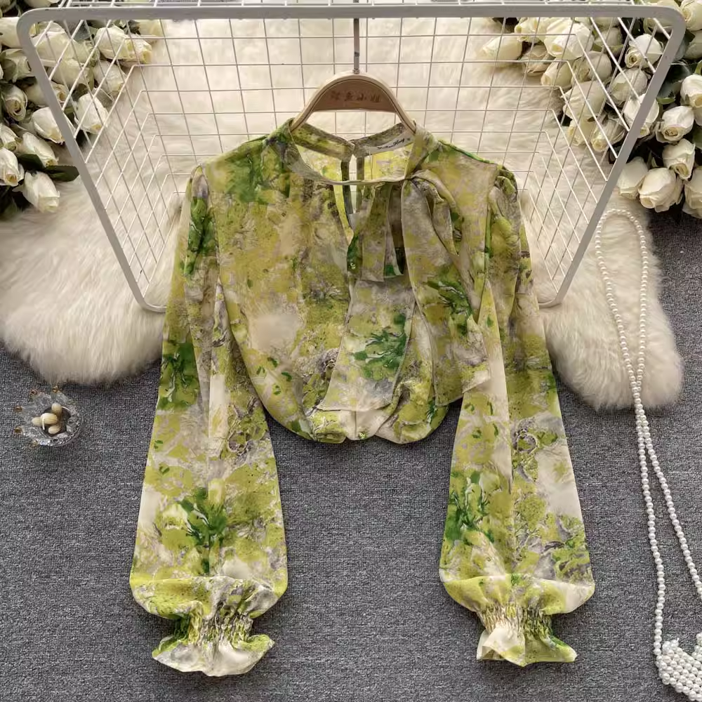 Stylish Puff Sleeve Printed Chiffon Blouse - Elegant Long Sleeve Women's Top for Work, Date Night & Special Occasions | Trendy Floral Shirt for Spring & Summer Outfits