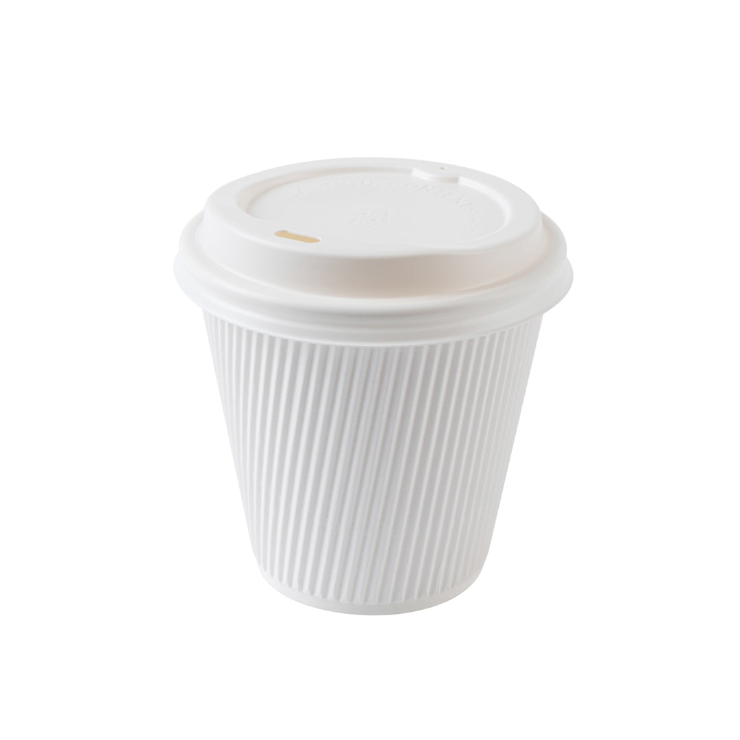 8 oz White Paper Ripple Wall Coffee Cups with White Lids - 3.5