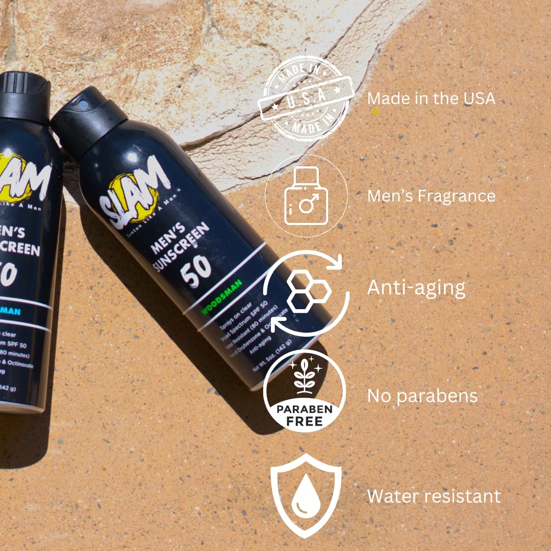 SLAM WoodsMan Men's Scented Sunscreen Spray SPF 50 - Broad Spectrum Waterproof Sunscreen for Face & Body, Sweat Resistant UVA/UVB Protection Sunblock Spray | Perfect for Outdoor Activities, Hiking, Beach & Sports
