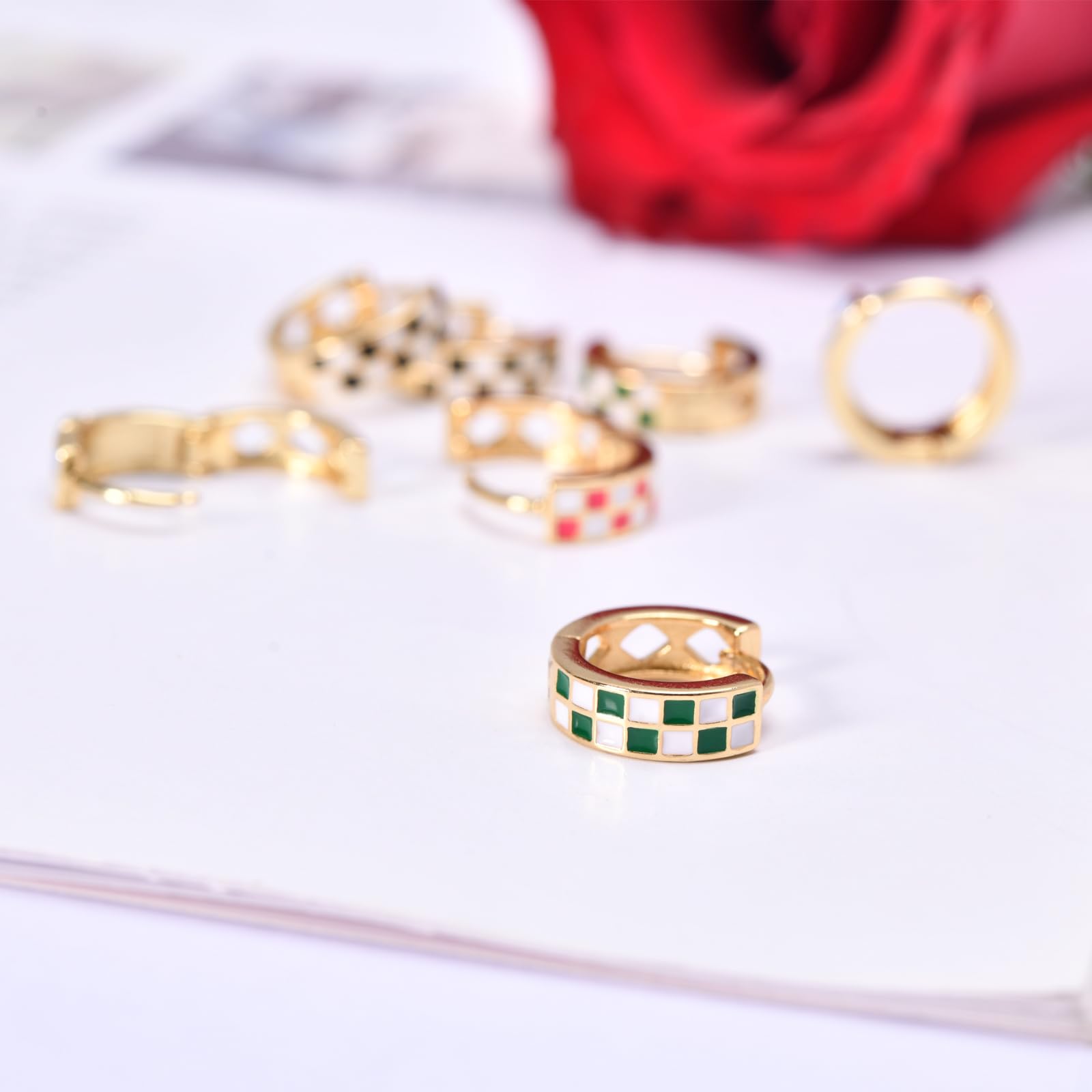 18K Gold Filled Checkered Hoop Earrings for Women | Hypoallergenic Small Enamel Hoops | Trendy Everyday & Party Jewelry Gift