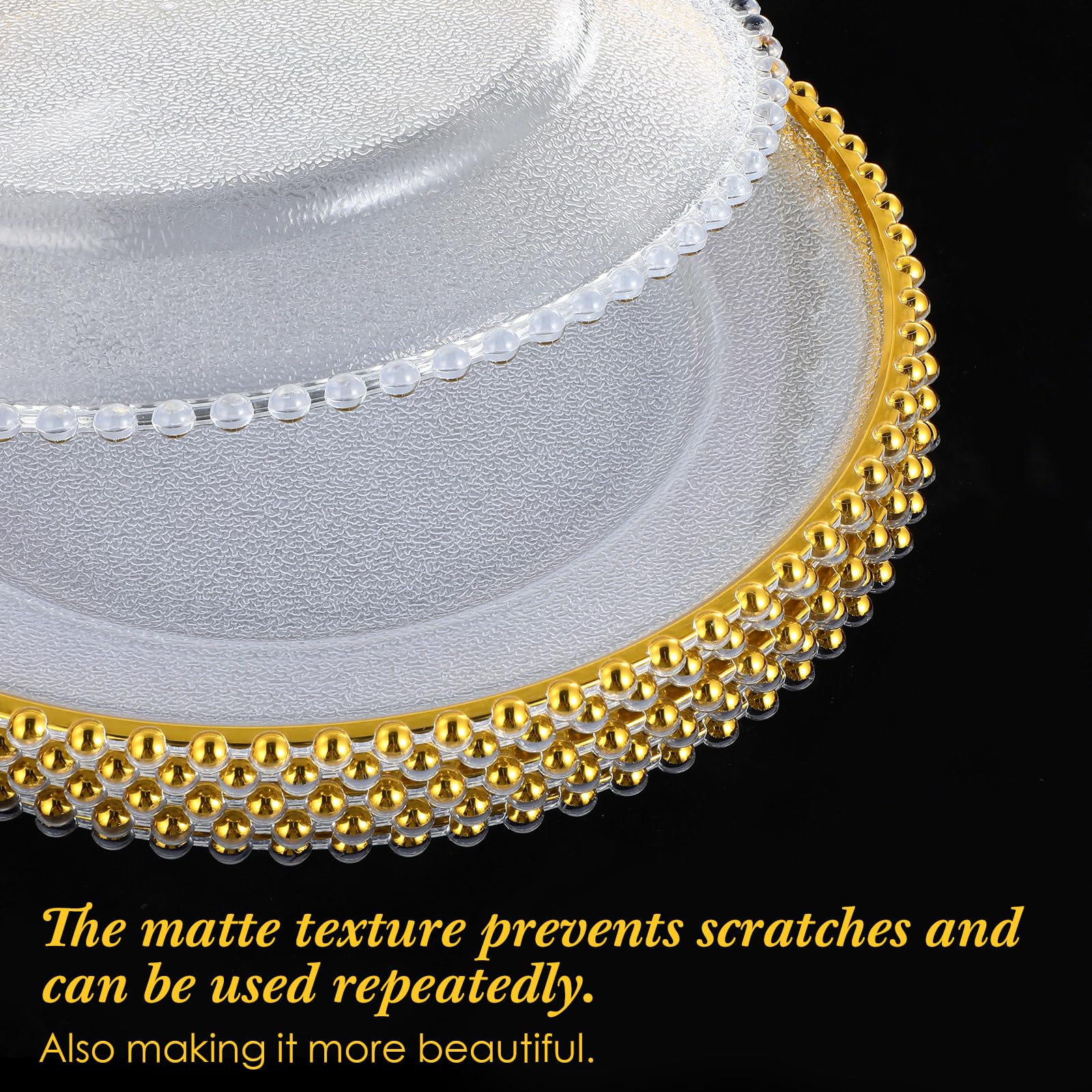 50 Pack Clear Acrylic Charger Plates - 13 Inch Round Plastic Dinner Plates with Beaded Edge & Frosted Grain for Weddings, Parties, Events - Elegant Gold Decorative Service Plates for Home, Kitchen & Tabletop Decor