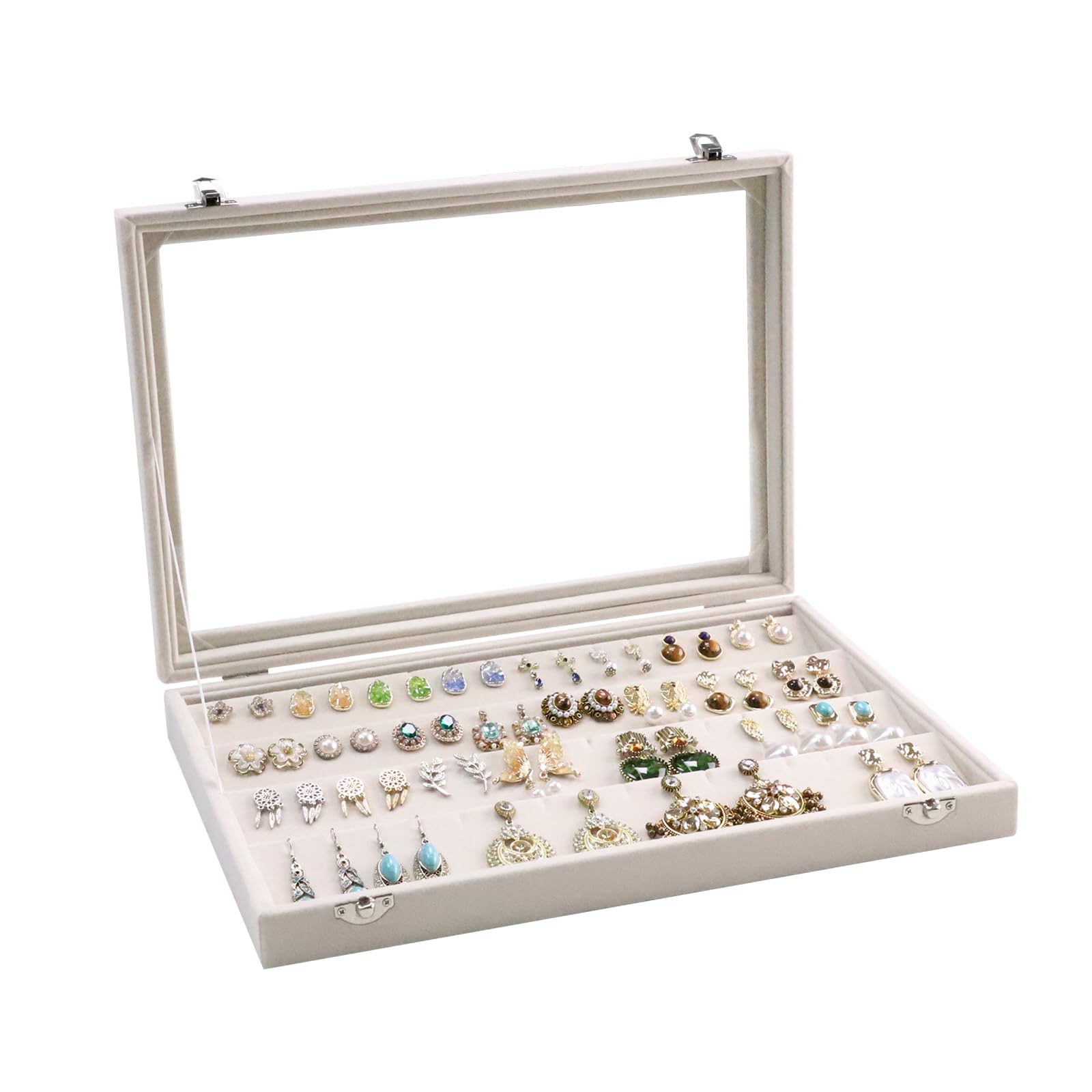 Wudygirl Velvet Earring Organizer with Clear Lid - 64 Slot Jewelry Storage Box with Lock, Beige Jewelry Tray for Earrings, Necklaces & Rings - Perfect for Travel, Home Decor and Gift Giving