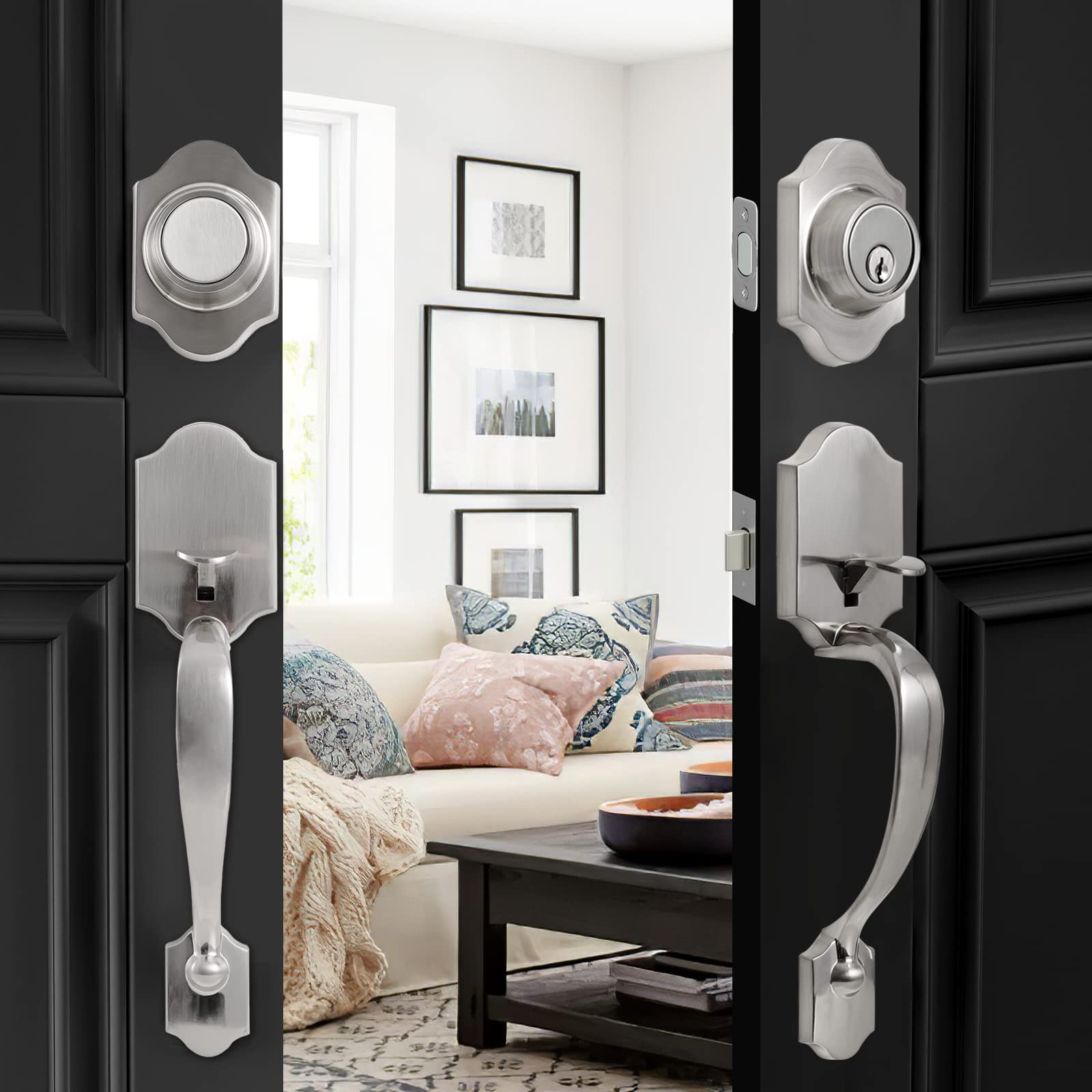 Premium Double Front Door Handle Set with Satin Nickel Finish - Dummy Lock Included for Enhanced Security - Ideal for Front Doors, Office Doors & Commercial Entrances | Durable & Stylish Hardware for Home & Business Use