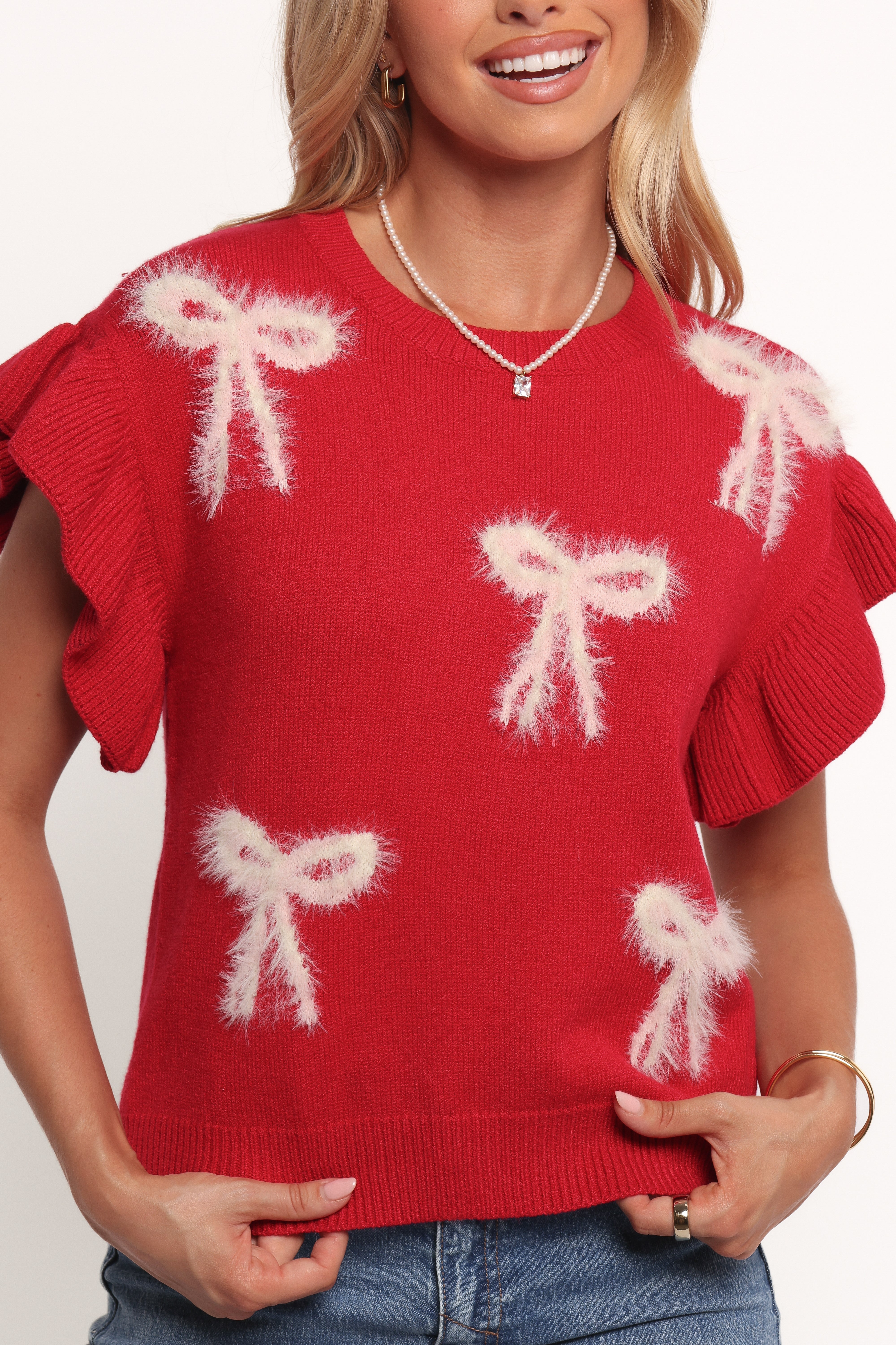 Cherish Ruffle Sleeve Bow Knit Sweater for Women - Soft Red Pullover Top | Perfect for Fall Fashion, Date Nights & Holiday Outfits