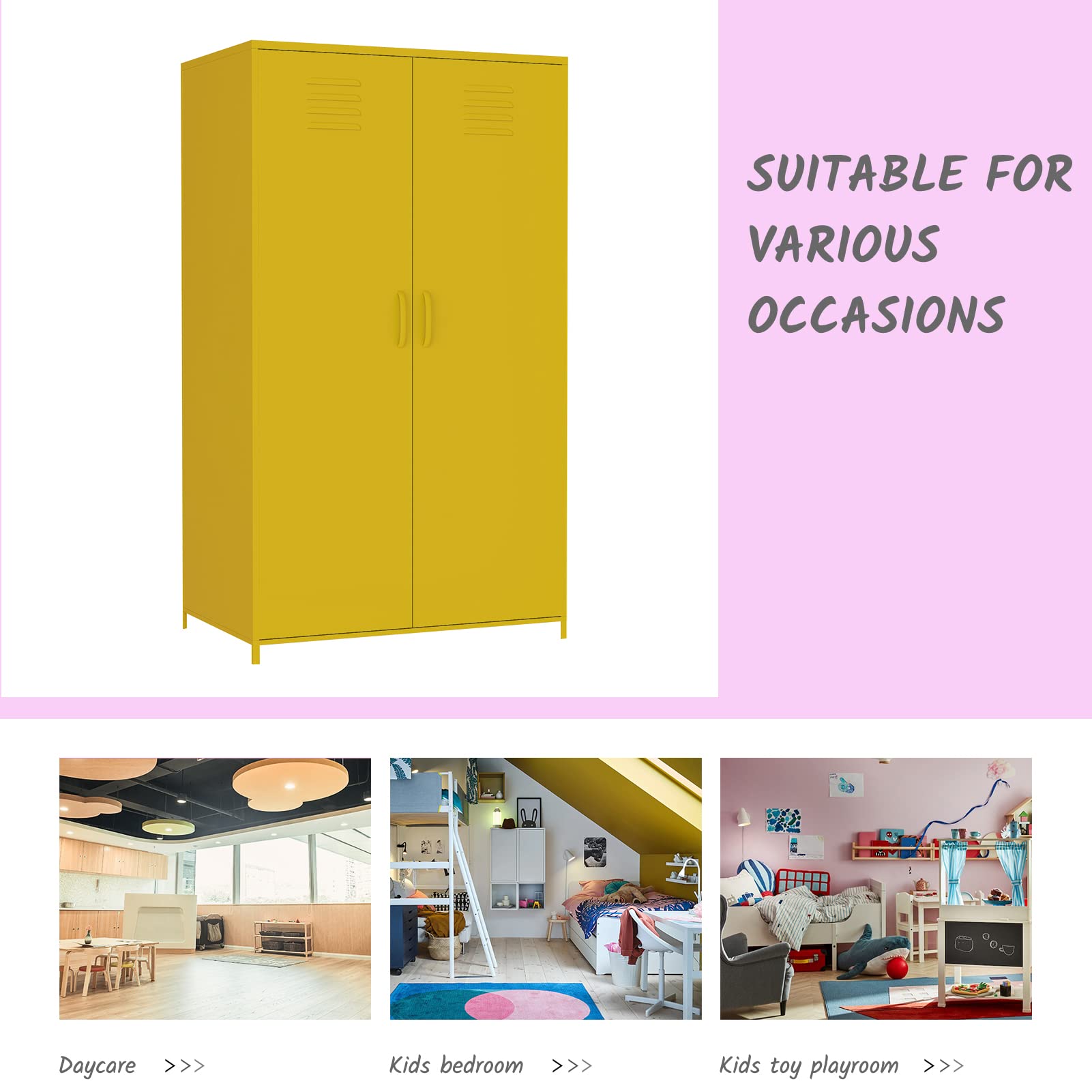 Yellow Steel Locker Cabinet - Double Door Metal Storage Locker with Hanging Rod & Shelves for Bedroom, School, Classroom - Perfect for Organizing Toys, Clothes & Sports Equipment