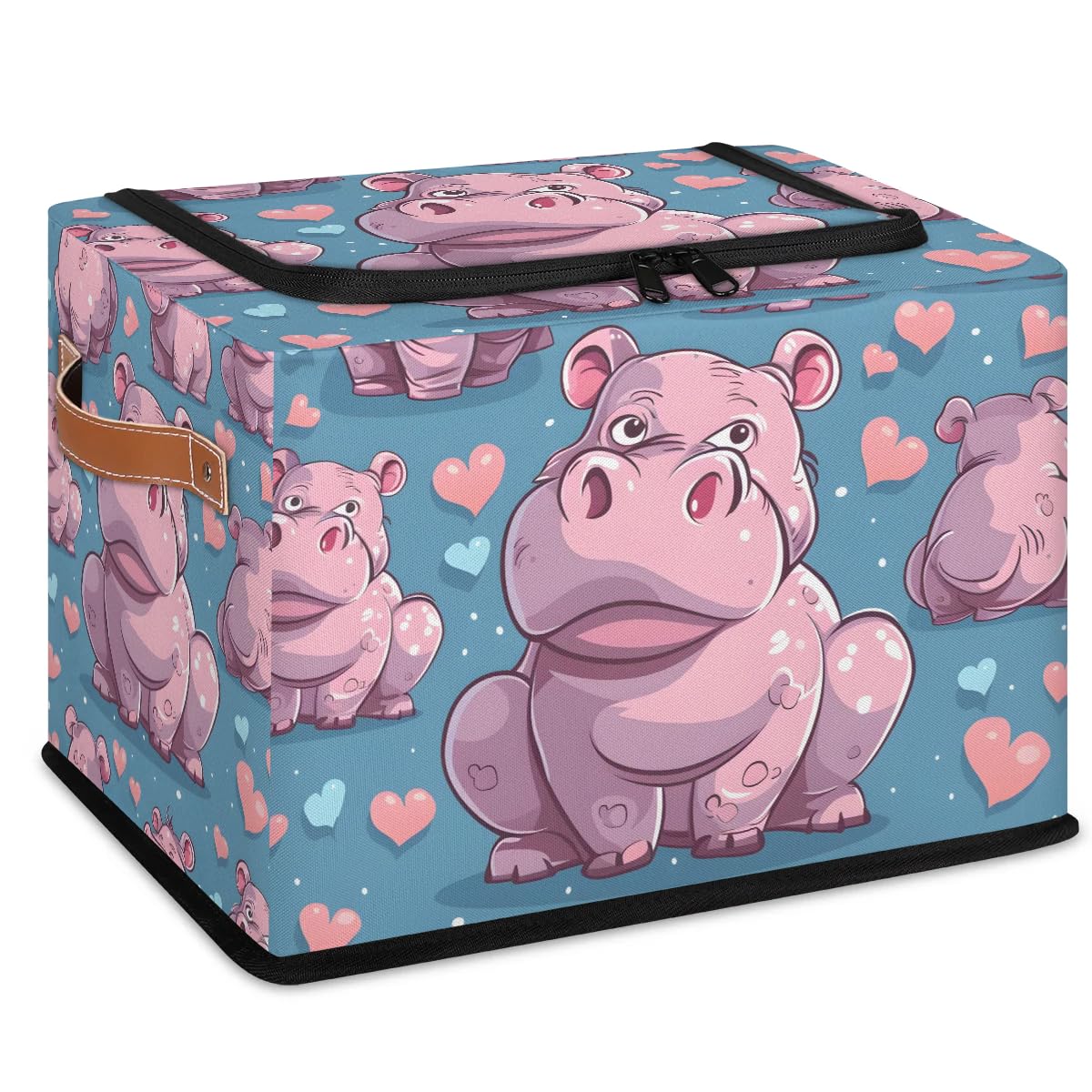 Pink Heart Hippo Storage Bins with Zipper Lid - 2 Pack Stackable Closet Organizer Baskets with Metal Frame & PU Handles - Perfect for Clothes, Toys, and Home Organization