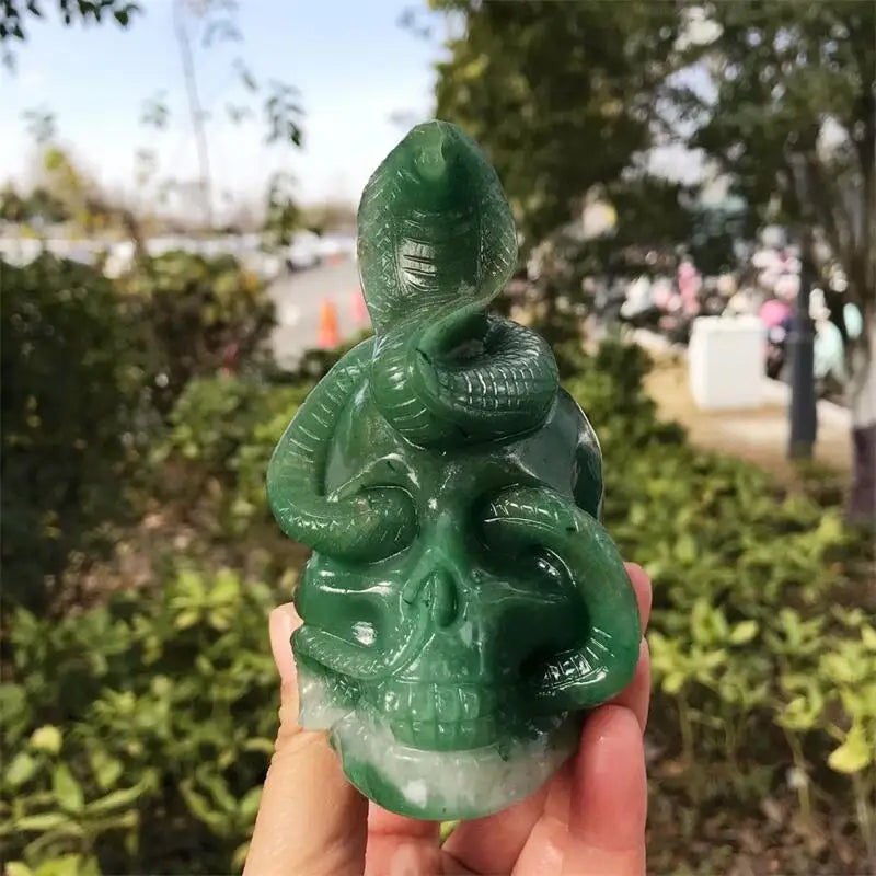 11CM Natural Green Aventurine Snake Skull Crystal Carving - Healing Stone, Lucky Charm, Halloween Decor, Unique Home Decoration & Spiritual Gift - Perfect for Meditation, Feng Shui, and Witchcraft Altar