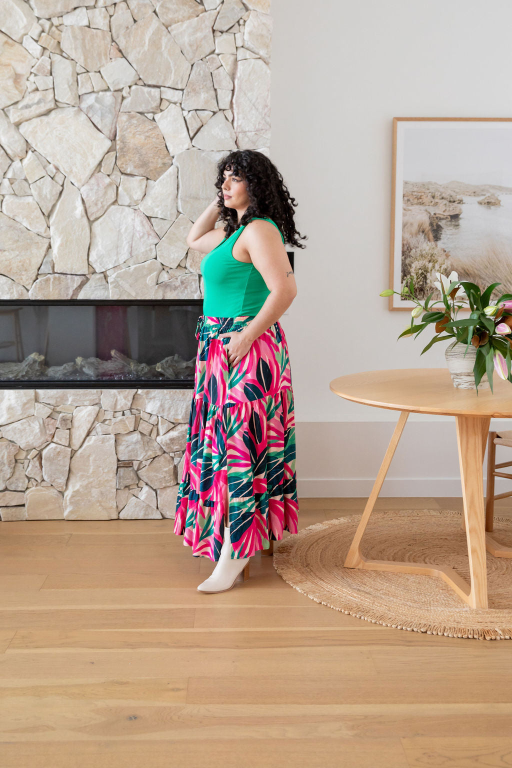 Carrie Skirt in Jungle Pink - Women's Floral A-Line Midi Skirt with Pockets | Perfect for Spring Outfits, Office Wear & Casual Dates