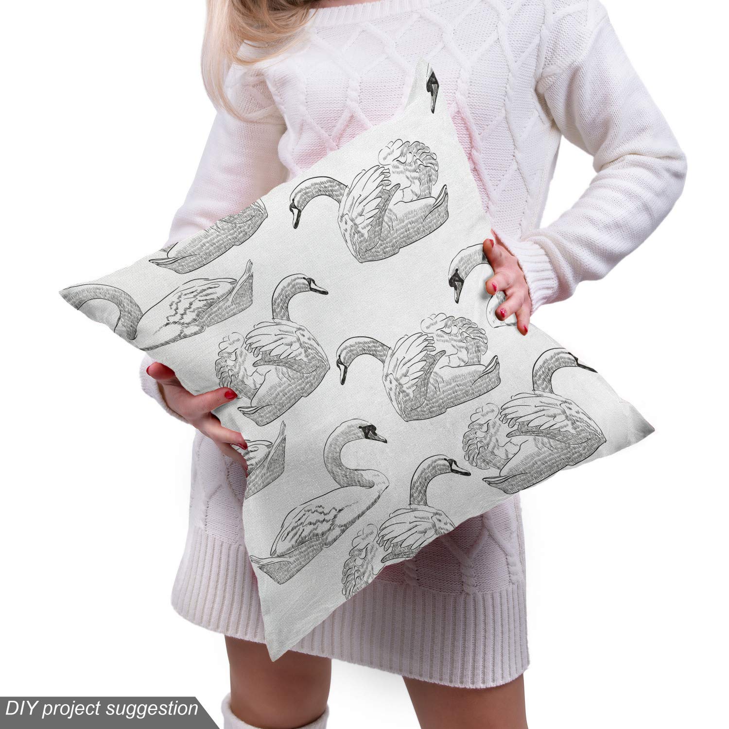 Ambesonne Swan Fabric by The Yard - Elegant Sketch Art Pattern of Swimming Waterfowls, Black & White Decorative Upholstery Fabric for Sofa, Curtains & Home Decor (10 Yards) | Perfect for Living Room, Bedroom & DIY Craft Projects