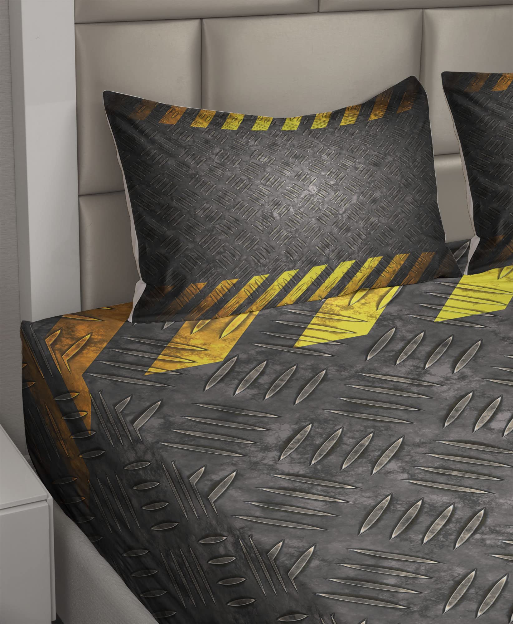 Ambesonne Construction Themed 4-Piece King Size Bed Sheet Set - Abstract Caution Tape Design, Dark Taupe & Marigold (Fitted Sheet, Flat Sheet, 2 Pillowcases) | Perfect for Construction Worker Gifts, Kids' Room Decor & Industrial Style Bedrooms
