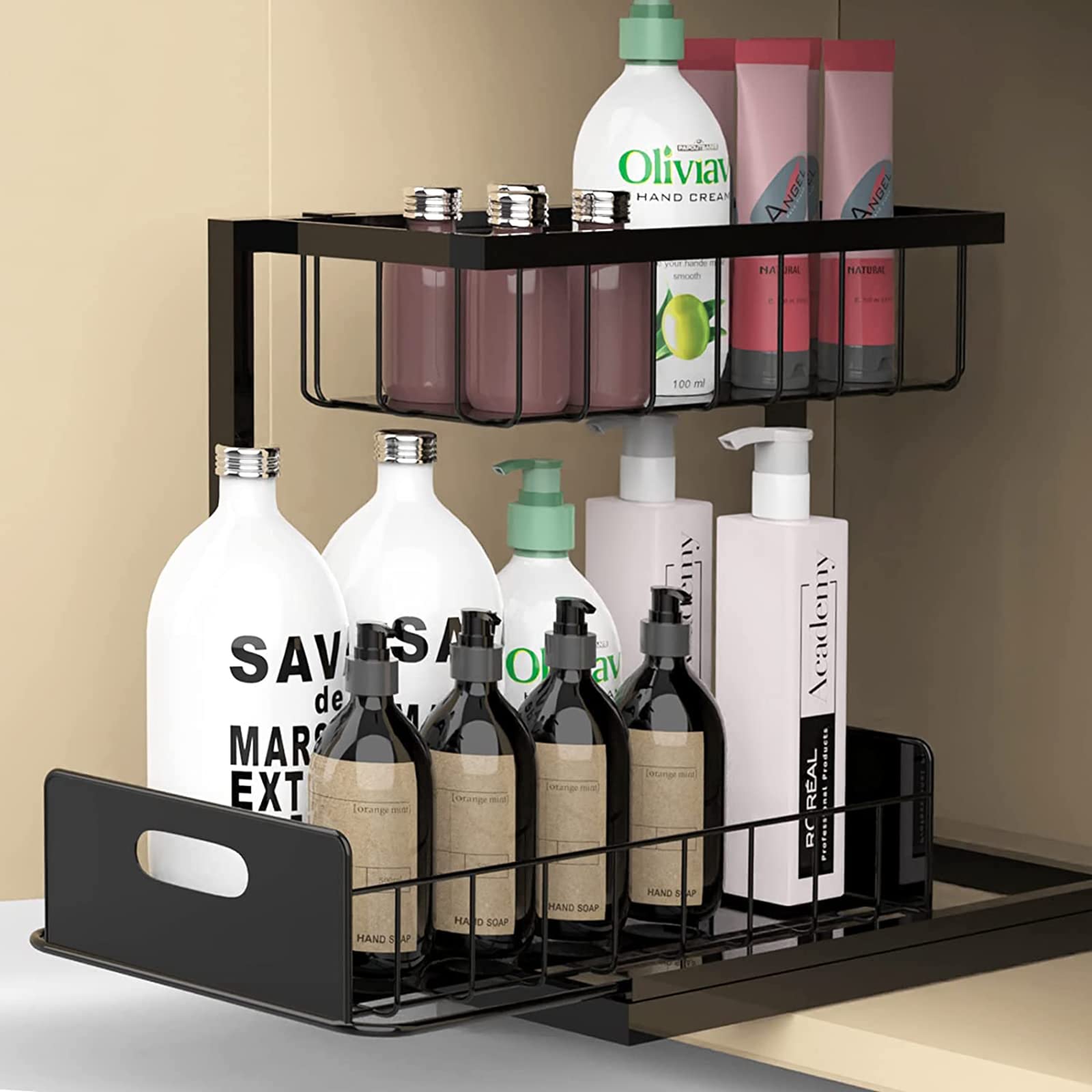 2-Tier Under Sink Organizer with Pull-Out Drawers - Space Saving Cabinet Storage for Kitchen & Bathroom - Sliding Shelf Organizer for Countertop - Perfect for Small Spaces & Clutter-Free Homes
