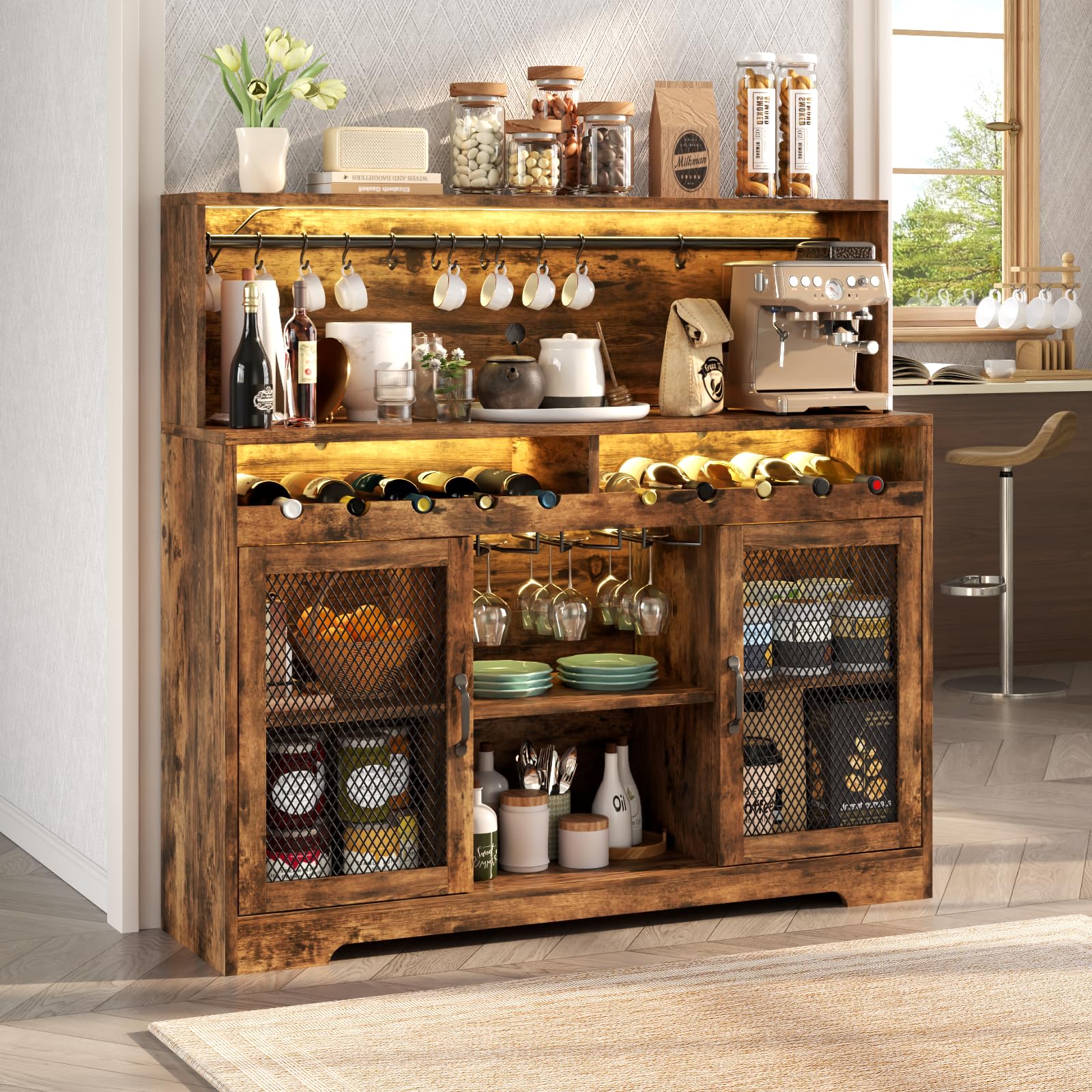 Rustic Wine Bar Cabinet with LED Lights & Glass Holder - Coffee & Liquor Storage Buffet Cabinet with Wine Racks & Mesh Door - Perfect for Home Bars, Dining Rooms & Entertaining Spaces