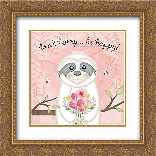 Jennifer Pugh 28x28 Gold Ornate Frame with Double Matted Museum Art Print - 'Don't Hurry, Be Happy' Sloth Wall Decor - Perfect for Living Room, Bedroom & Office
