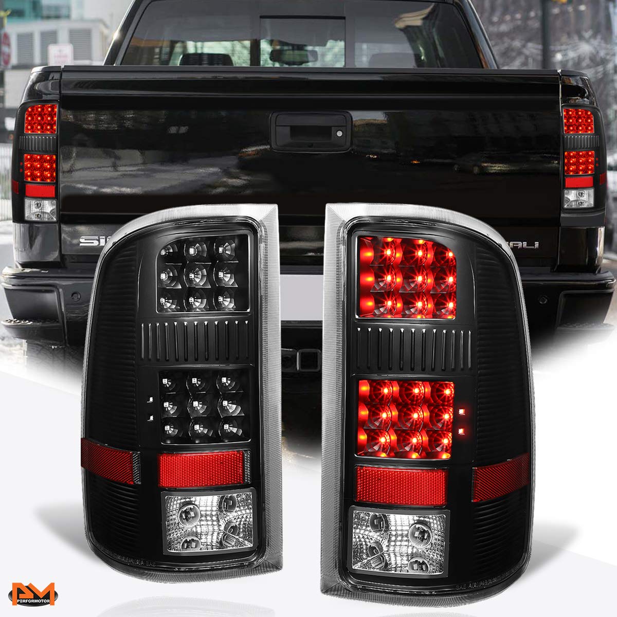 PM PERFORMOTOR Full LED Tail Lights Brake Lamps Assembly - Compatible with 2007-2014 GMC Sierra (Black Housing/Clear Lens) - Upgrade Your Truck's Style & Safety for Night Driving & Off-Road Adventures