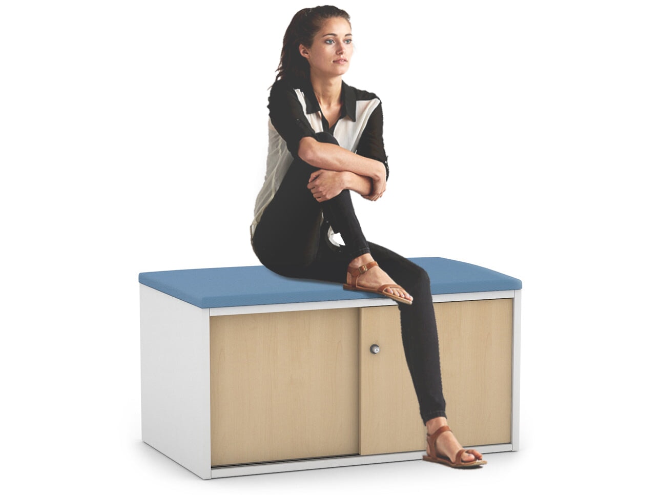 Low Profile 2-Door Sliding Credenza with Top Cushion - Modern TV Stand for Living Room, Bedroom Storage Cabinet with Smooth Gliding Doors