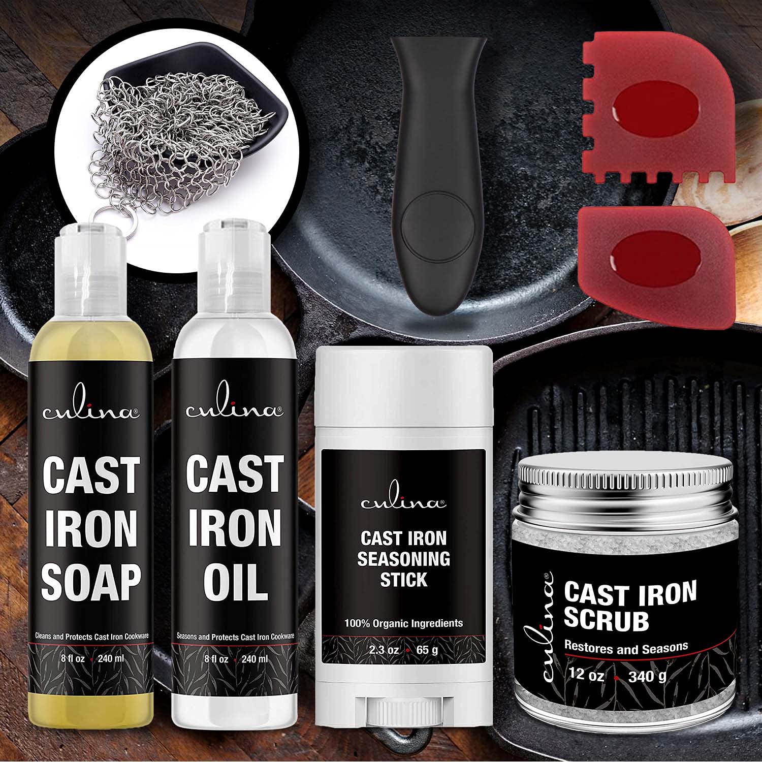 **Cast Iron Seasoning Stick with Soap Oil Conditioner – All Natural Restoring Scrub & Stainless Steel Scrubber Handle | Scraper Included for Cast Iron Cookware Care | Perfect for Grill Pans, Skillets & Dutch Ovens**