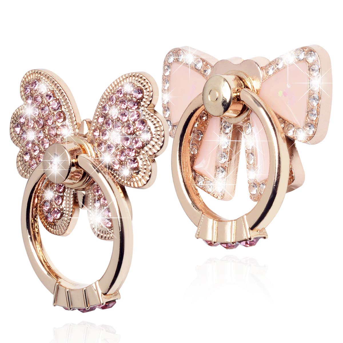Luxury Glitter Diamond Metal Pop Socket & Finger Ring Stand - 2 Pack Universal Phone Grip Holder for iPhone 15/14/13/12/11 Pro Max, Galaxy S24/S23/S22 Ultra - Pink Bow Design for Secure Phone Handling While Driving, Taking Selfies & Video Calls