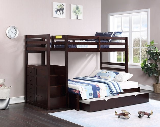 Espresso Staircase Single Over Double Bunk Bed - Space-Saving Kids Bedroom Furniture for Siblings or Sleepovers