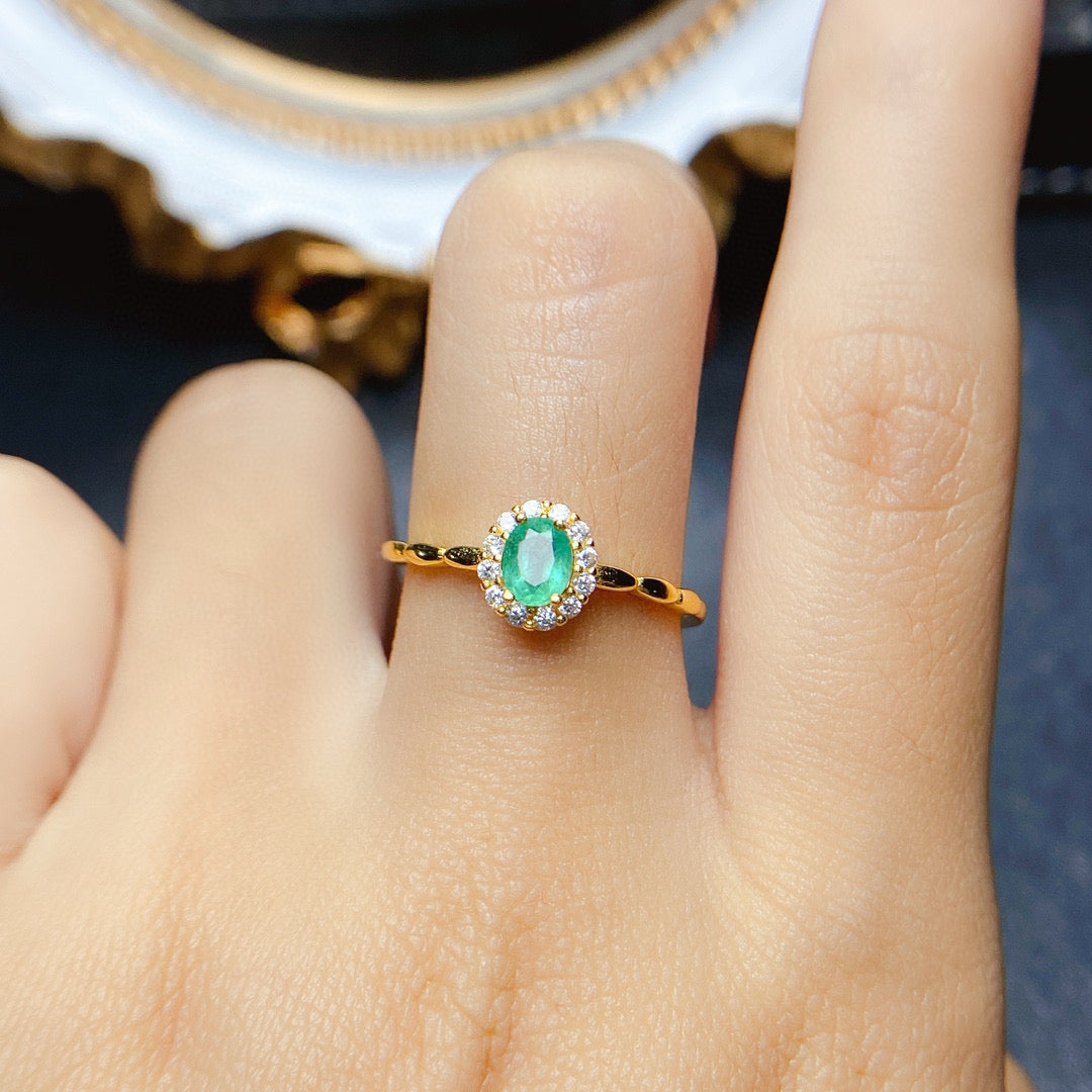 18K Gold Statement Emerald Halo Ring for Women | Elegant Vintage Engagement Wedding Ring | Perfect for Anniversary, Proposal & Special Occasions | NS2402