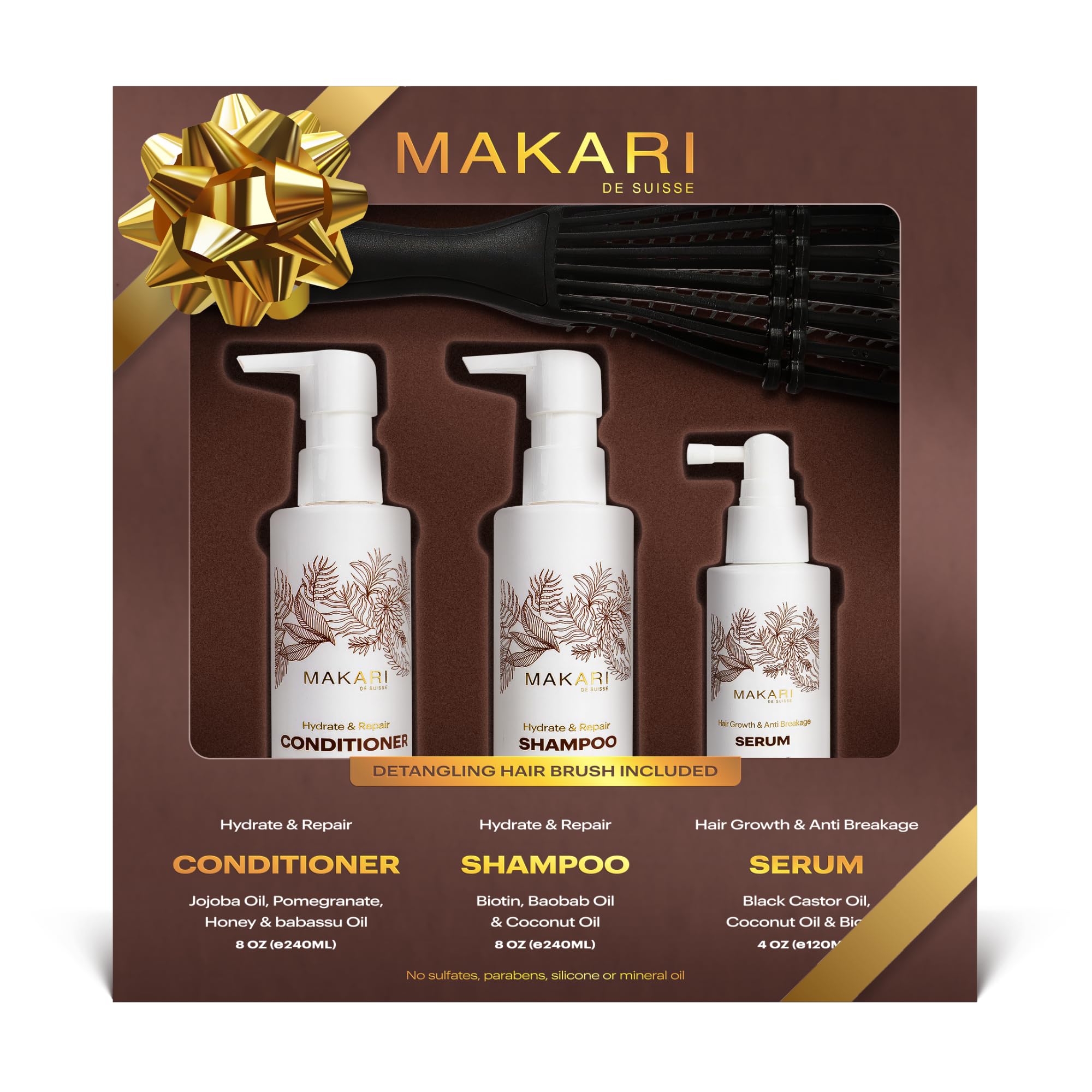 **Makari Hair Care Set with Shampoo, Conditioner, Serum & Hair Brush | Nourishes Scalp, Strengthens Hair, Reduces Dryness & Adds Shine | For All Hair Types | Perfect for Daily Use, Salon-Like Results at Home**