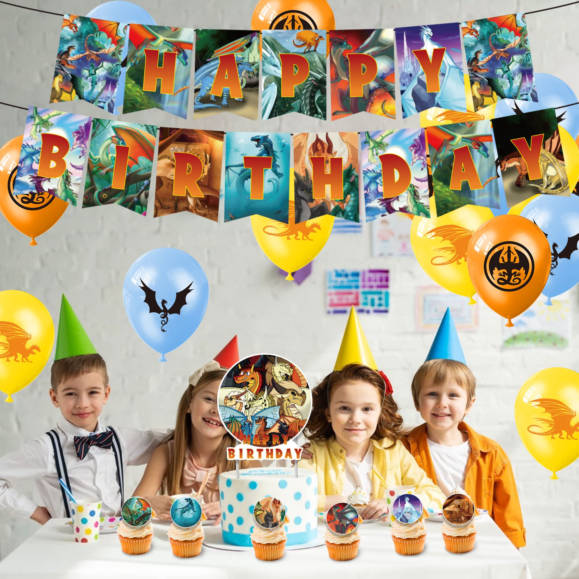 92Pcs Wings of Fire Dragon Party Decorations Set - Happy Birthday Banner, Balloons, Cupcake Toppers & Stickers for Kids & Adults - Perfect for Themed Birthday Parties, Baby Showers & Fantasy Celebrations