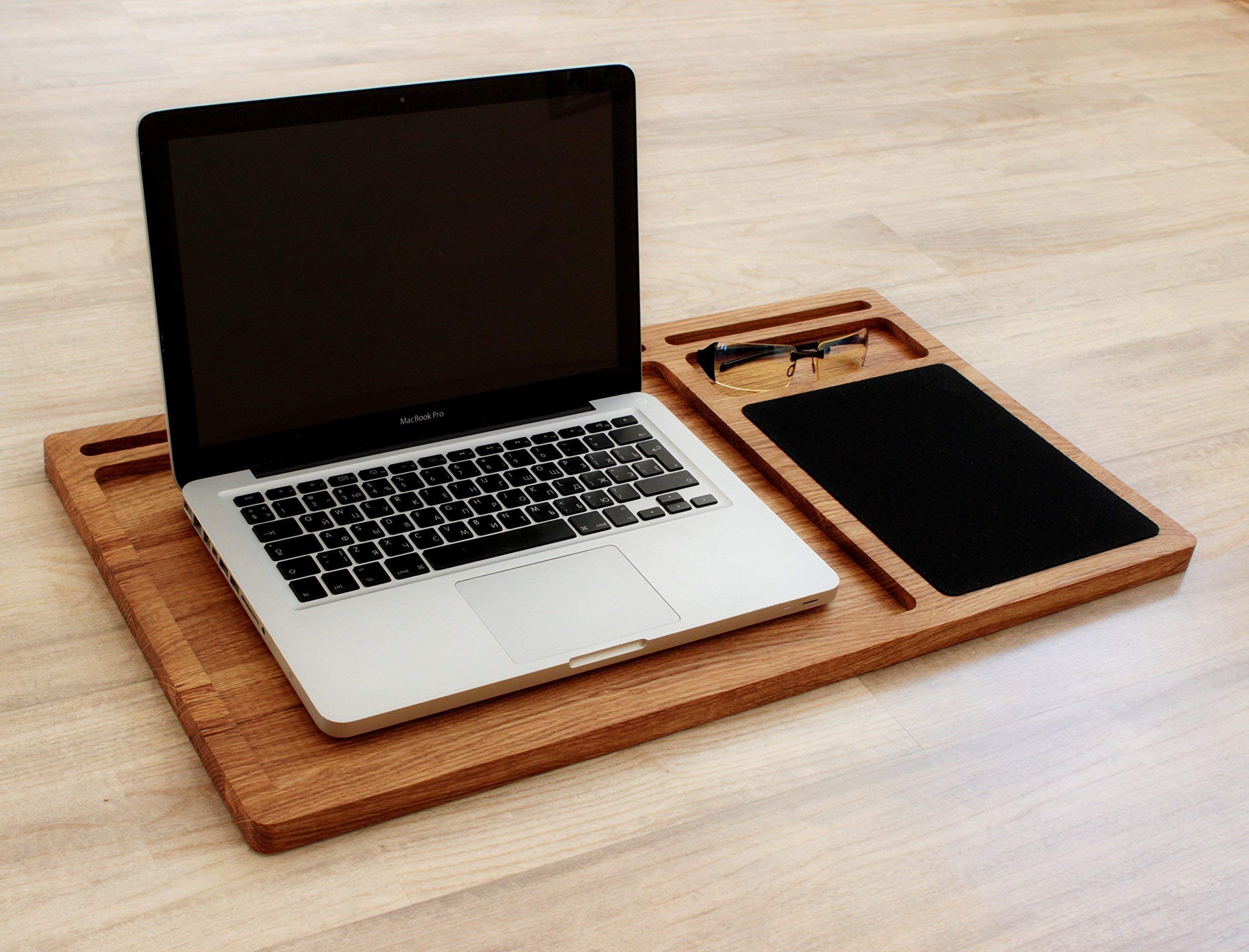 Personalized Solid Oak Wood Lap Desk with Mouse Pad & Slots for iMac, iPhone, Laptop Stand | Portable Workstation for Office, Home, Bed, Couch | Perfect Gift for Men, Women, Professionals & Students