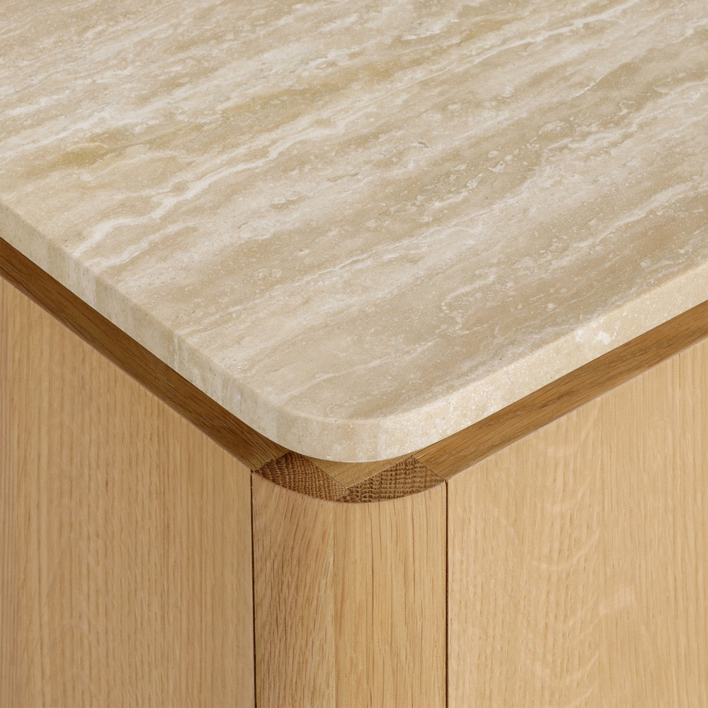 Marisol Oak & Travertine Side Table - Modern Light Oak Wood Nightstand with Natural Stone Top - Perfect for Living Room, Bedroom, or Office Decor