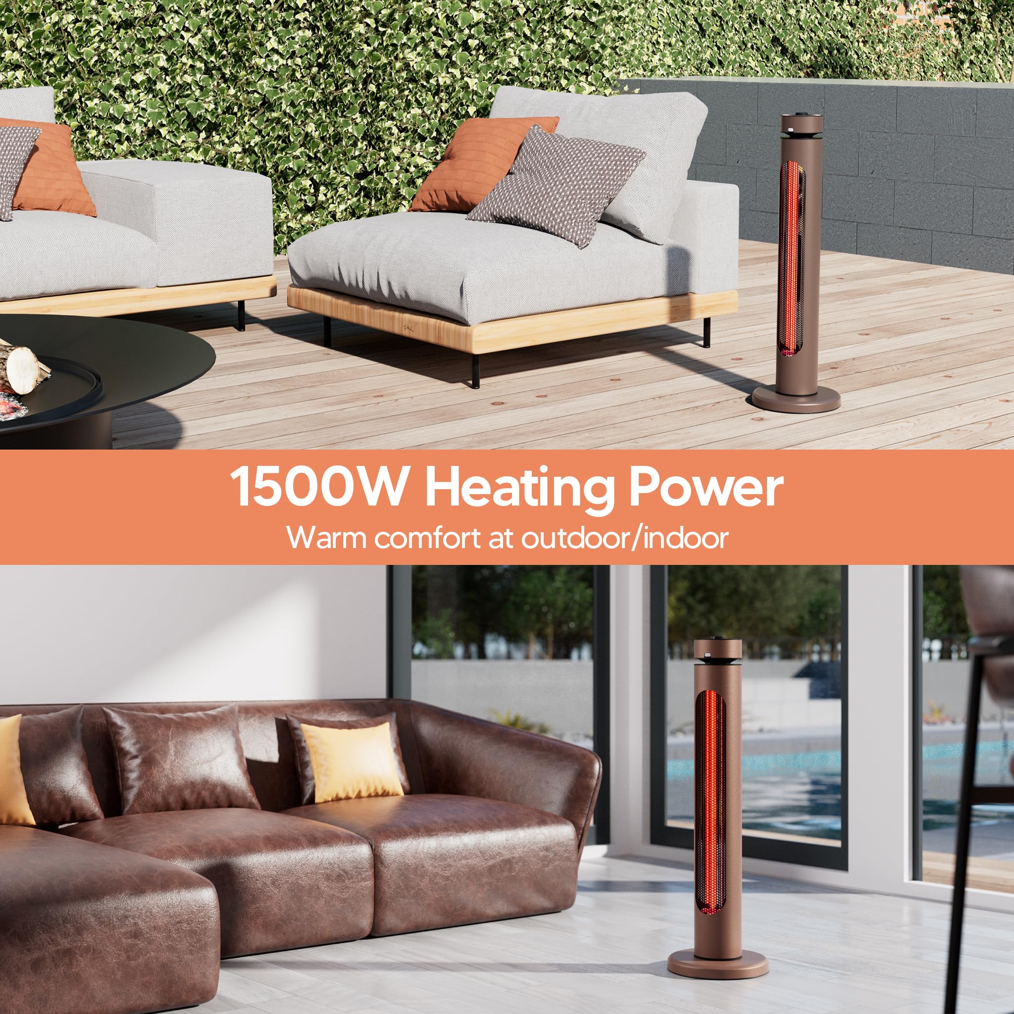 1500W Portable Outdoor Infrared Heater with 8 Heat Levels & 8H Timer - Carbon Fiber Tube Patio Heater with Tip-Over & Overheat Protection - IP65 Waterproof Electric Garden Heater (Brown) - Perfect for Patio, Deck, Garage, and Camping Use