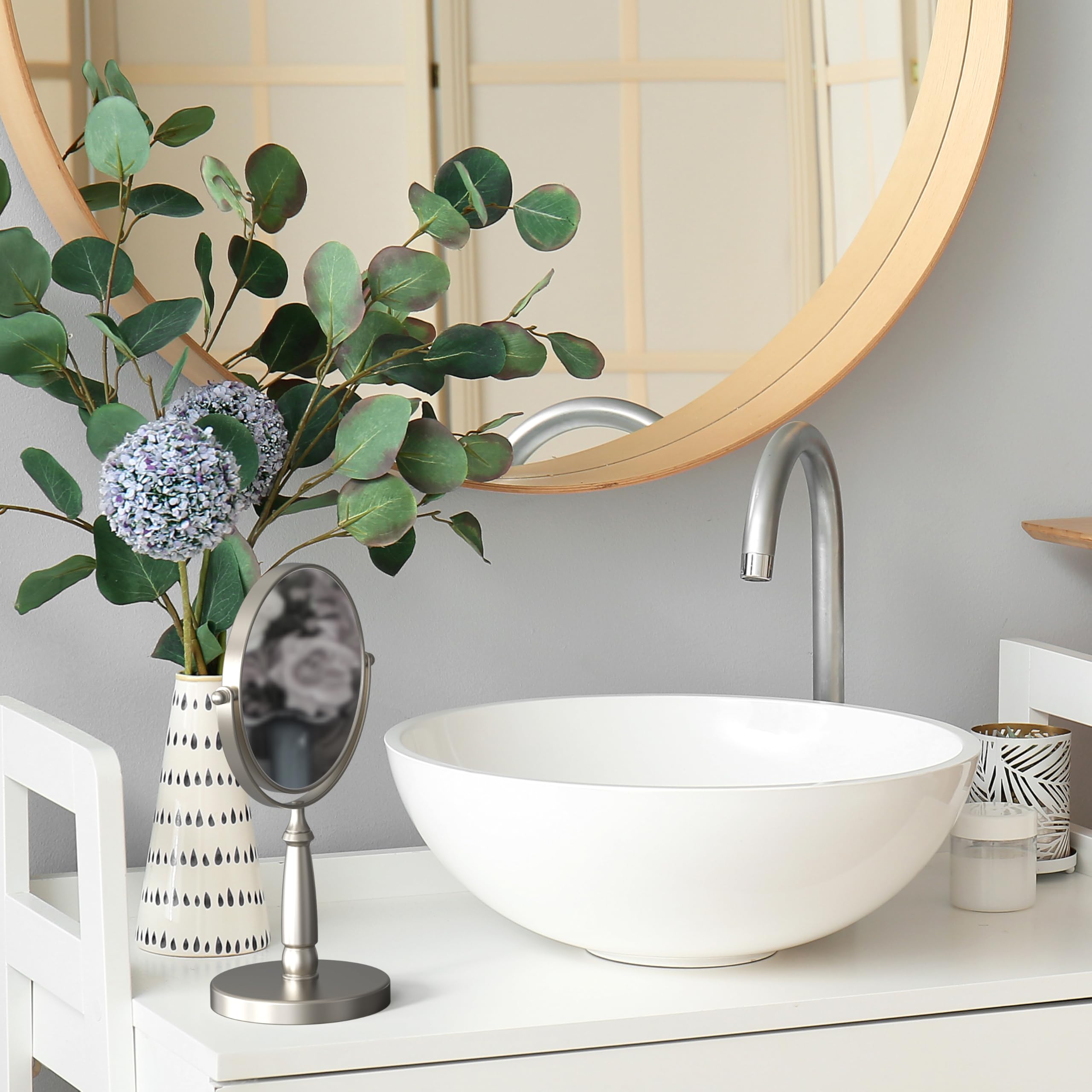 Deco Brothers 5.65-Inch Double Sided Vanity Mirror with Stand - 8X Magnification, Nickel Finish - Perfect for Makeup, Skincare & Grooming at Home or Salon