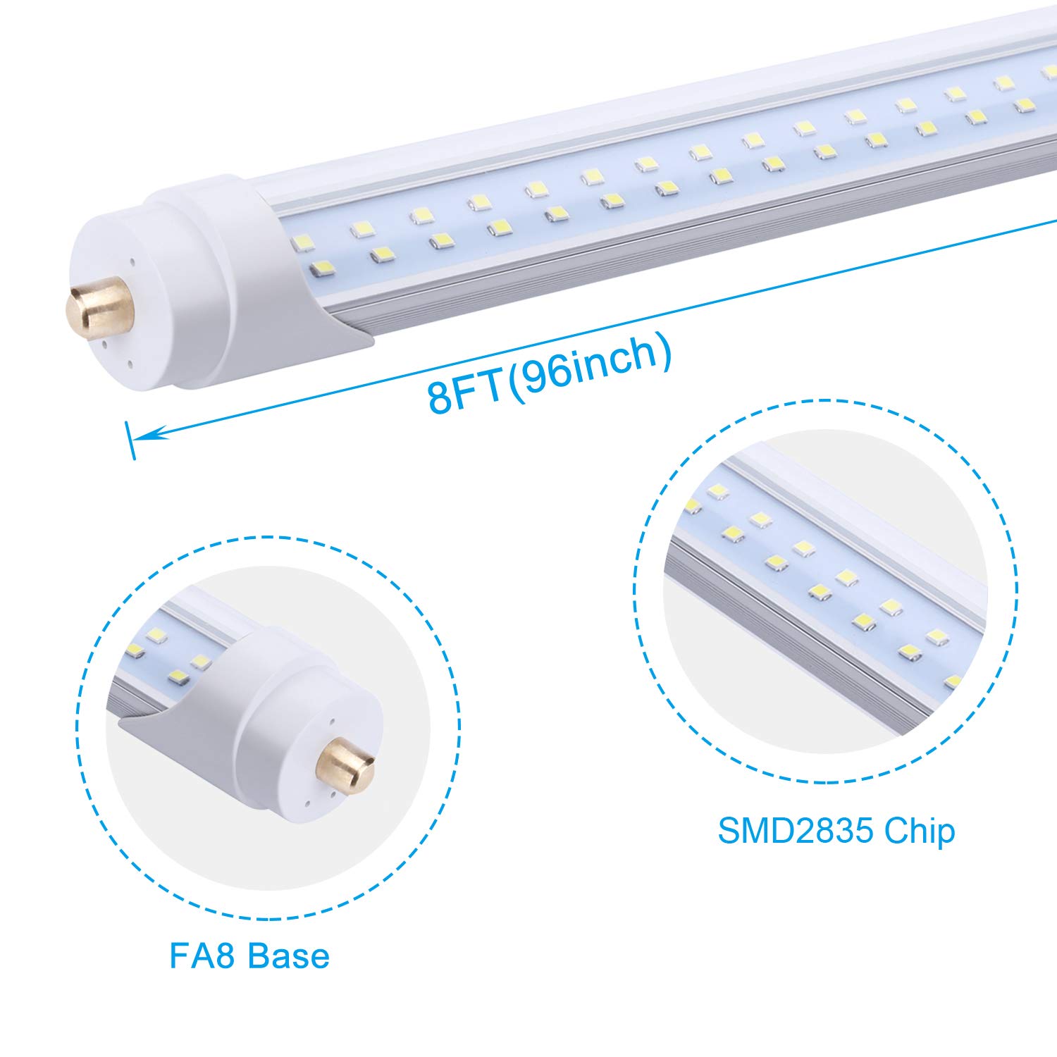 8FT LED Tube Light 65W 7800LM 6000K - T8 T10 T12 Single Pin LED Bulb with Clear Cover - Energy Saving Replacement for Fluorescent Lights (4 Pack) - Perfect for Warehouses, Garages, and Commercial Lighting