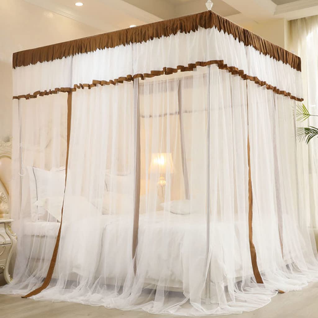 SCMTY Princess 4 Corner Post Mosquito Net with Dustproof Top Cover - Elegant Bed Canopy for Twin/Full/Queen/King Size Beds (Brown, King) | Perfect for Adult, Teen & Toddler Girls' Bedroom Decor | Ideal for Nursery, Dorm Room or Romantic Bedroom Setting