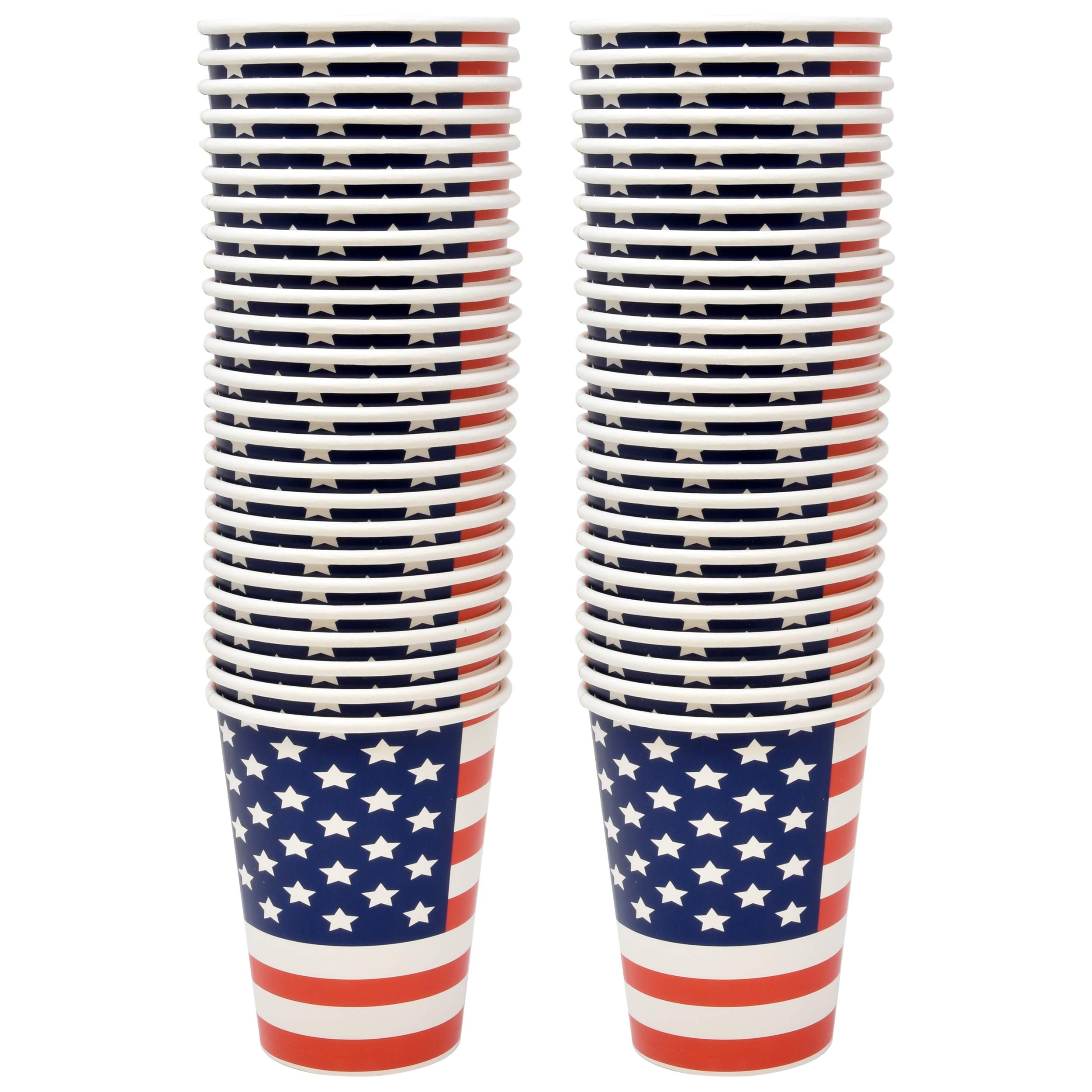 50 Patriotic Disposable Paper Cups 12 Oz - American Flag Themed Red White & Blue Stars & Stripes Party Cups for 4th of July, Memorial Day, Veterans Day - Perfect for BBQs, Picnics, Independence Day Celebrations and Patriotic Events