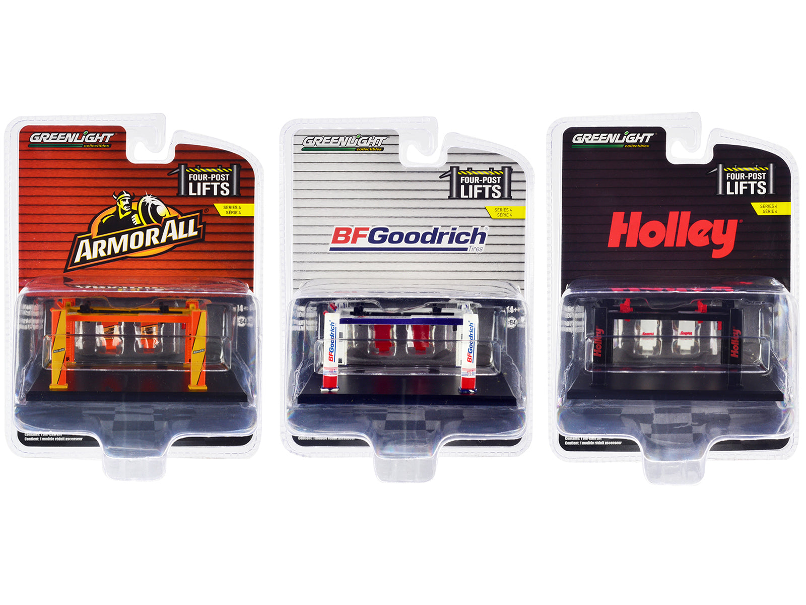 Greenlight 1/64 Scale Diecast Model Cars - 3-Piece Four Post Lifts Collection for Car Enthusiasts | Perfect for Display, Collecting, and Racing Scenes