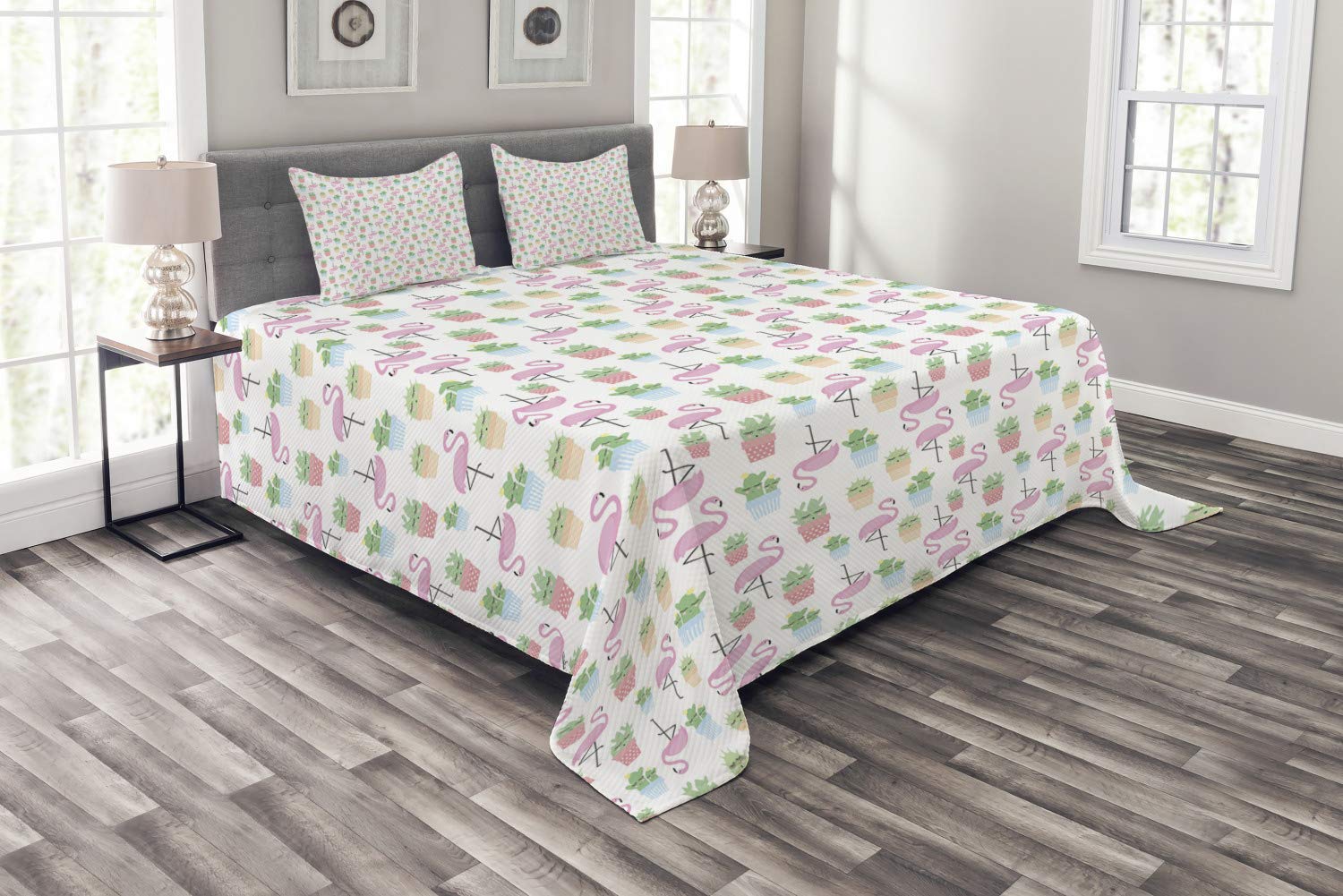 Ambesonne King Size 3-Piece Cactus & Flamingo Bedspread Set - Tropical Cartoon Pattern with Sleeping Plants in Pots, Decorative Bedding Coverlet & 2 Pillow Shams, Multicolor - Perfect for Beach House, Boho Bedroom & Tropical Themed Decor