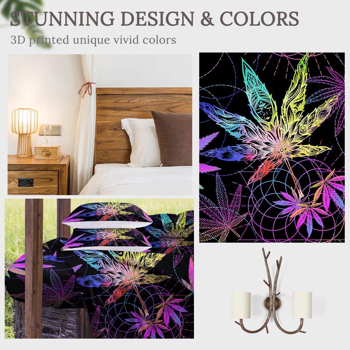 **Sleepwish Marijuana Leaf Comforter Set - Hipster Retro Bedding with Neon Pink, Teal & Purple Weed Pot Leaf Pattern - 4 Piece King Size - Perfect for Stoner Aesthetic Bedroom & Bohemian Dorm Decor**