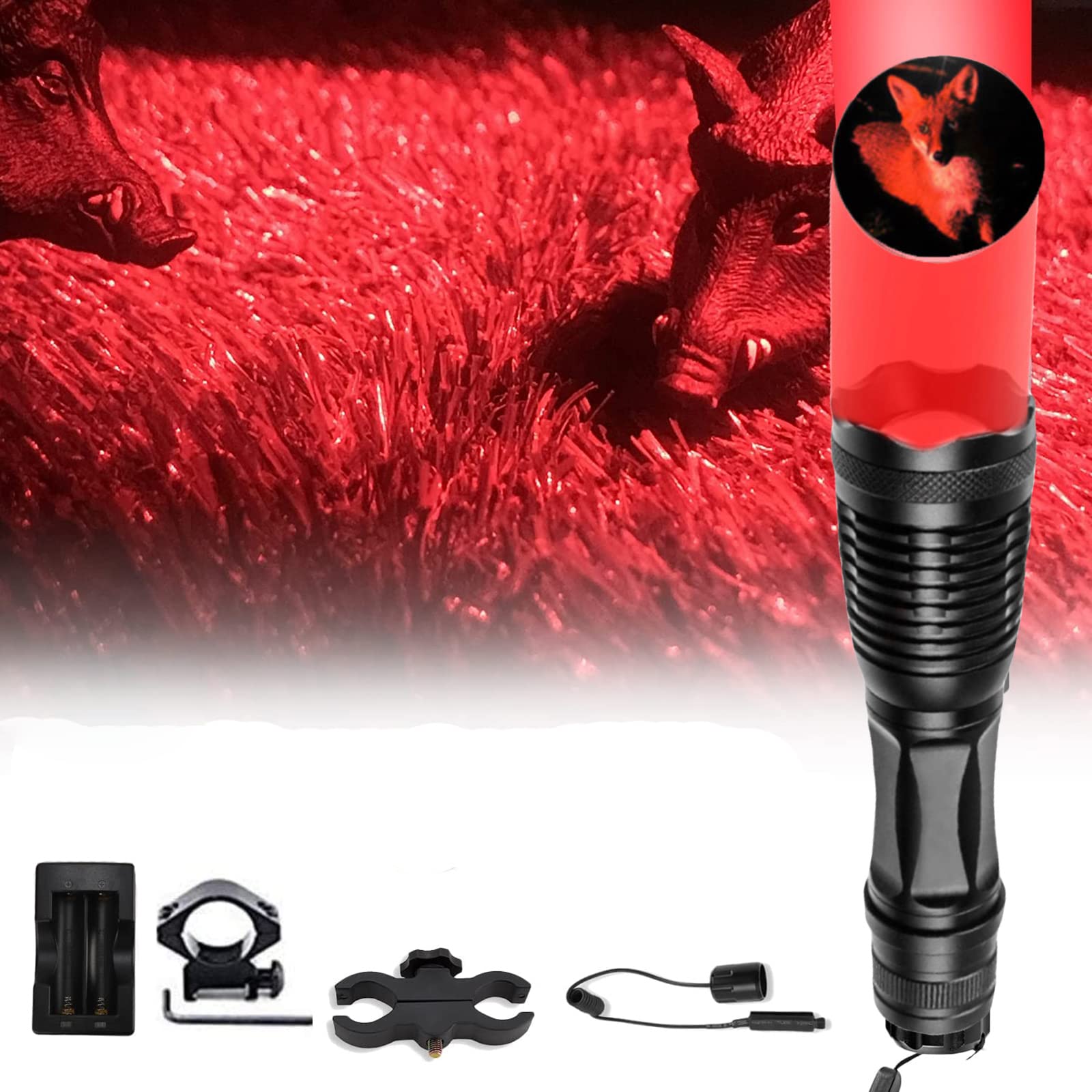 XLENTGEN 350 Yard Red Hunting Flashlight - Zoomable LED Tactical Light for Coyote, Hog, Varmint & Fox Hunting - Includes Pressure Switch, Rail Mount & Scope Mount - Perfect for Night Vision & Predator Hunting