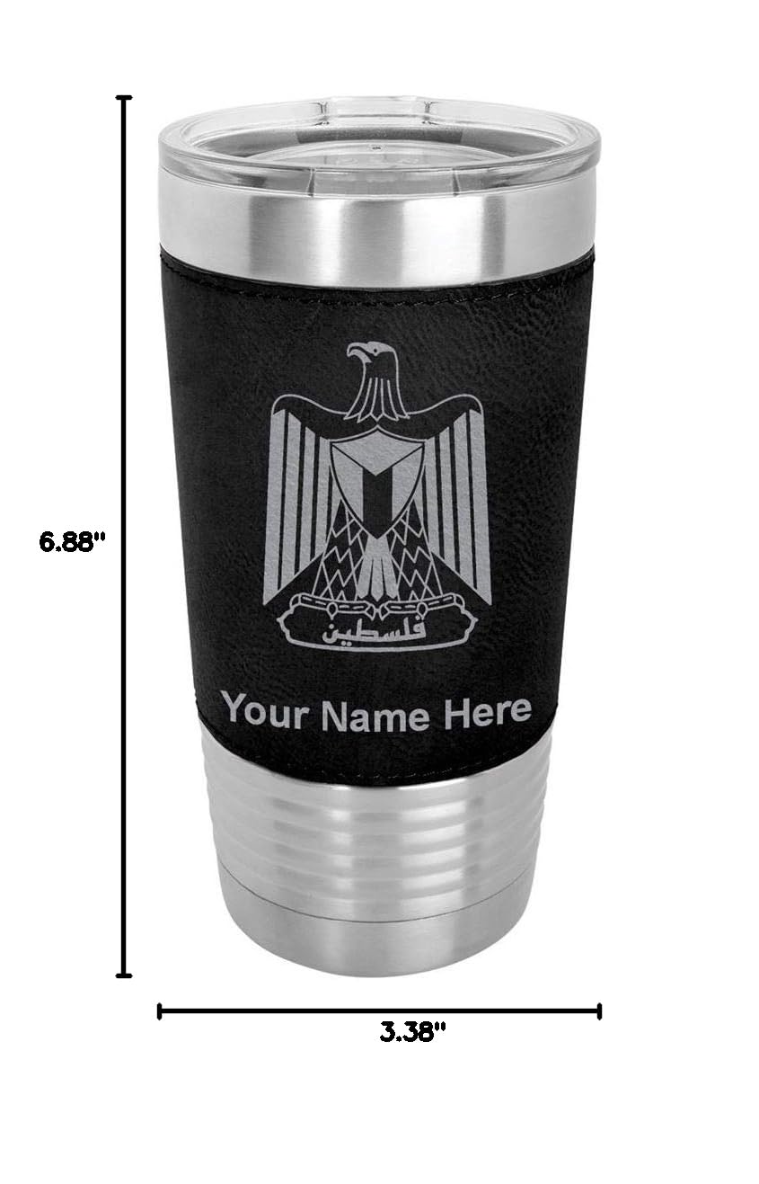 LaserGram 20oz Vacuum Insulated Stainless Steel Tumbler Mug with Palestine Flag Design - Personalized Engraving, Faux Leather Handle, Black - Perfect for Coffee, Tea & Cold Drinks at Home, Office or Travel