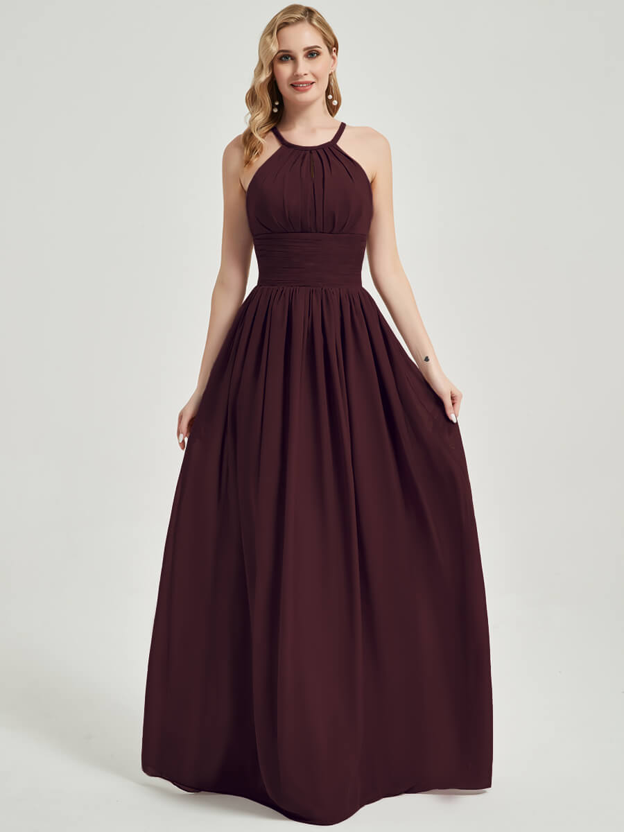 Elegant Cabernet Pleated Halter Neck Sleeveless Chiffon Maxi Bridesmaid Dress for Weddings, Formal Events & Evening Parties