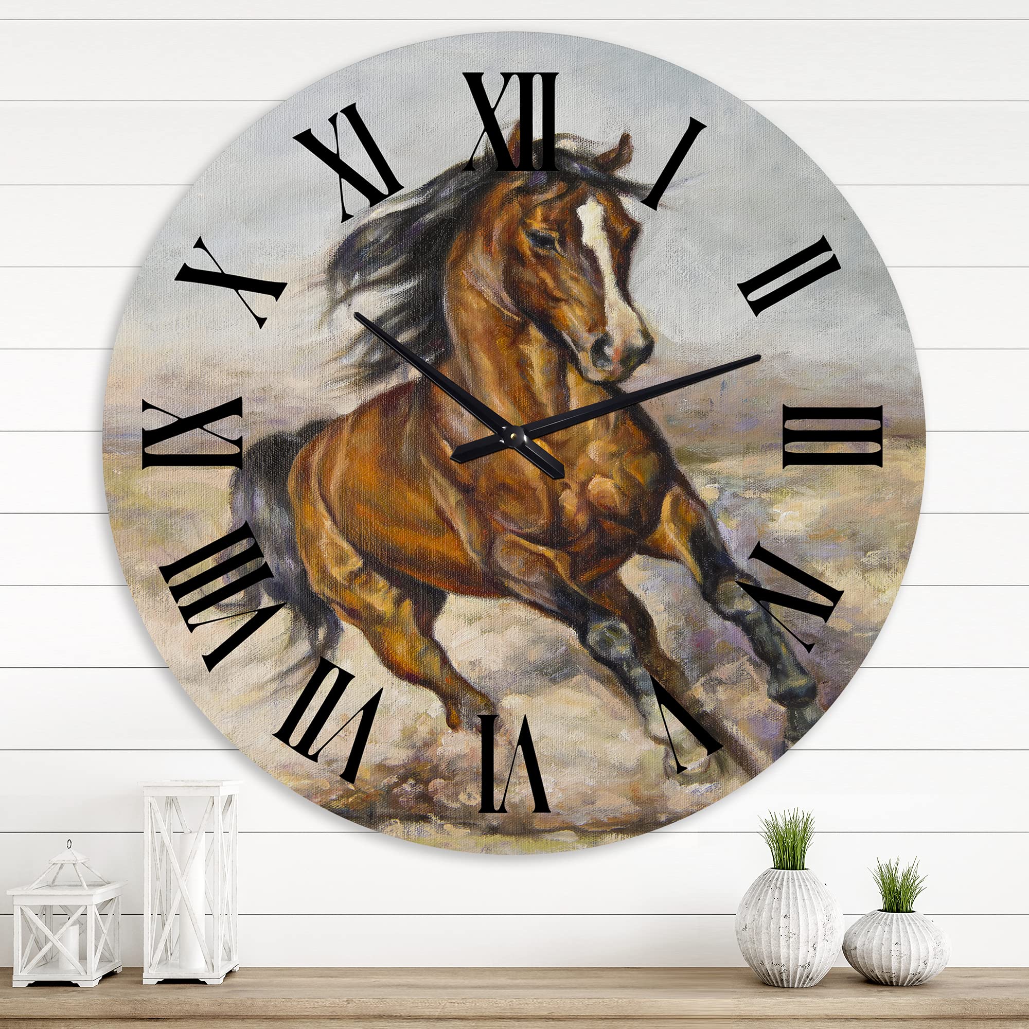Farmhouse Wall Clock - Large Horse Racing Painting Design for Kitchen, Living Room & Office Decor - Vintage Animal Theme Wall Art Clock