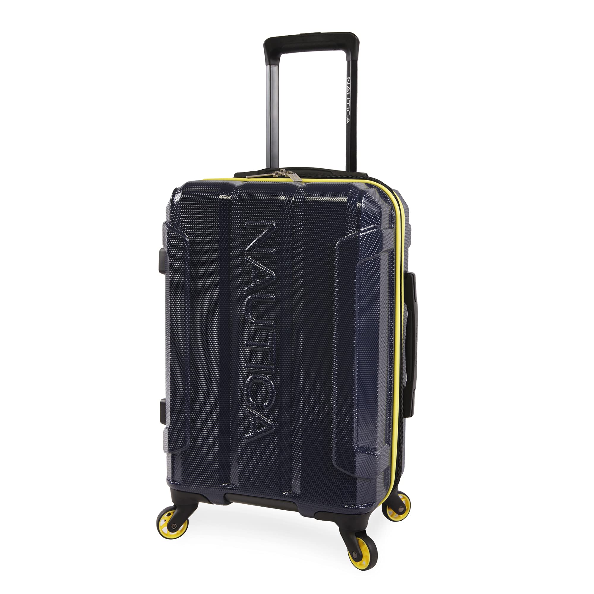Nautica Maker Hardside Spinner Luggage 21-Inch Carry On - Lightweight Durable Suitcase with 360° Wheels, Navy/Yellow Design - Perfect for Business Travel & Weekend Getaways