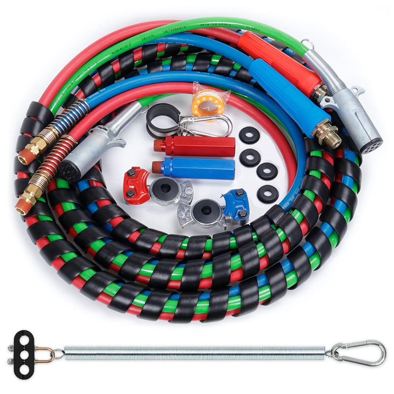 KOOTANS 15FT Semi Truck Air Brake Lines Kit - 3-in-1 Red & Blue Air Hoses with 7-Way Trailer Cord, Glad Hands & Tender Spring for Tractor Trailers | Heavy Duty Replacement for Freightliner, Peterbilt, Kenworth | Ideal for Long Haul Trucking & Fleet Maintenance