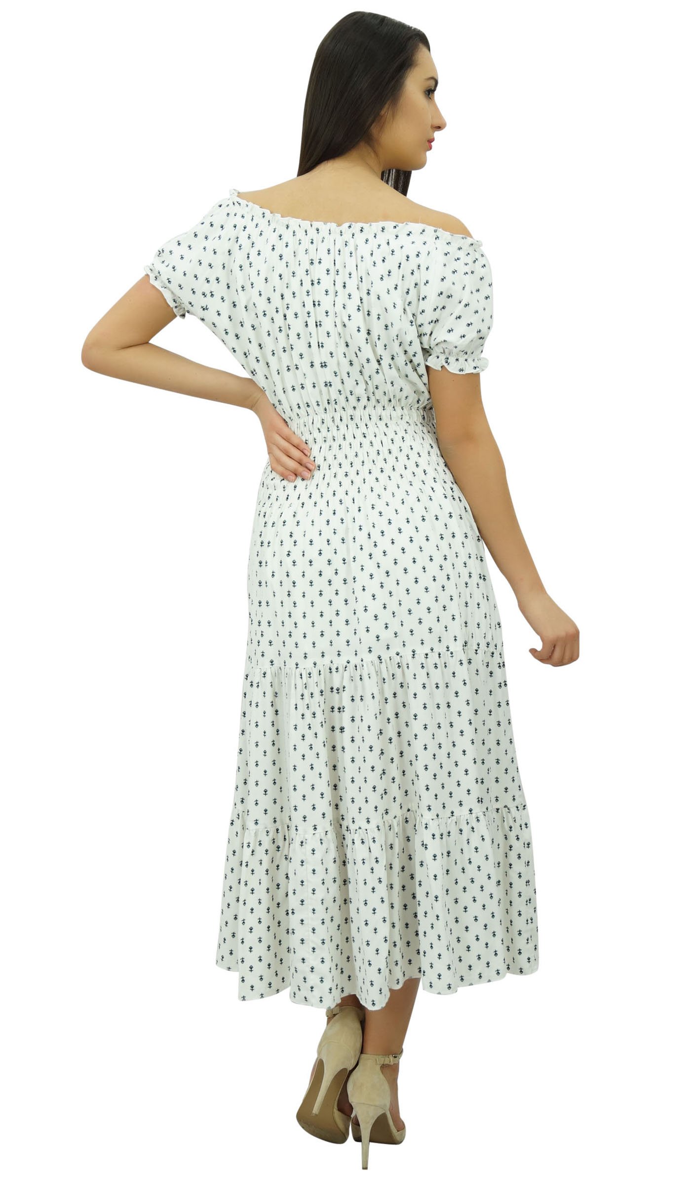 Bimba Women's Printed Off Shoulder Party Dress with Smocked Waist - Flared Maxi Dress for Weddings, Cocktail Parties & Summer Vacations