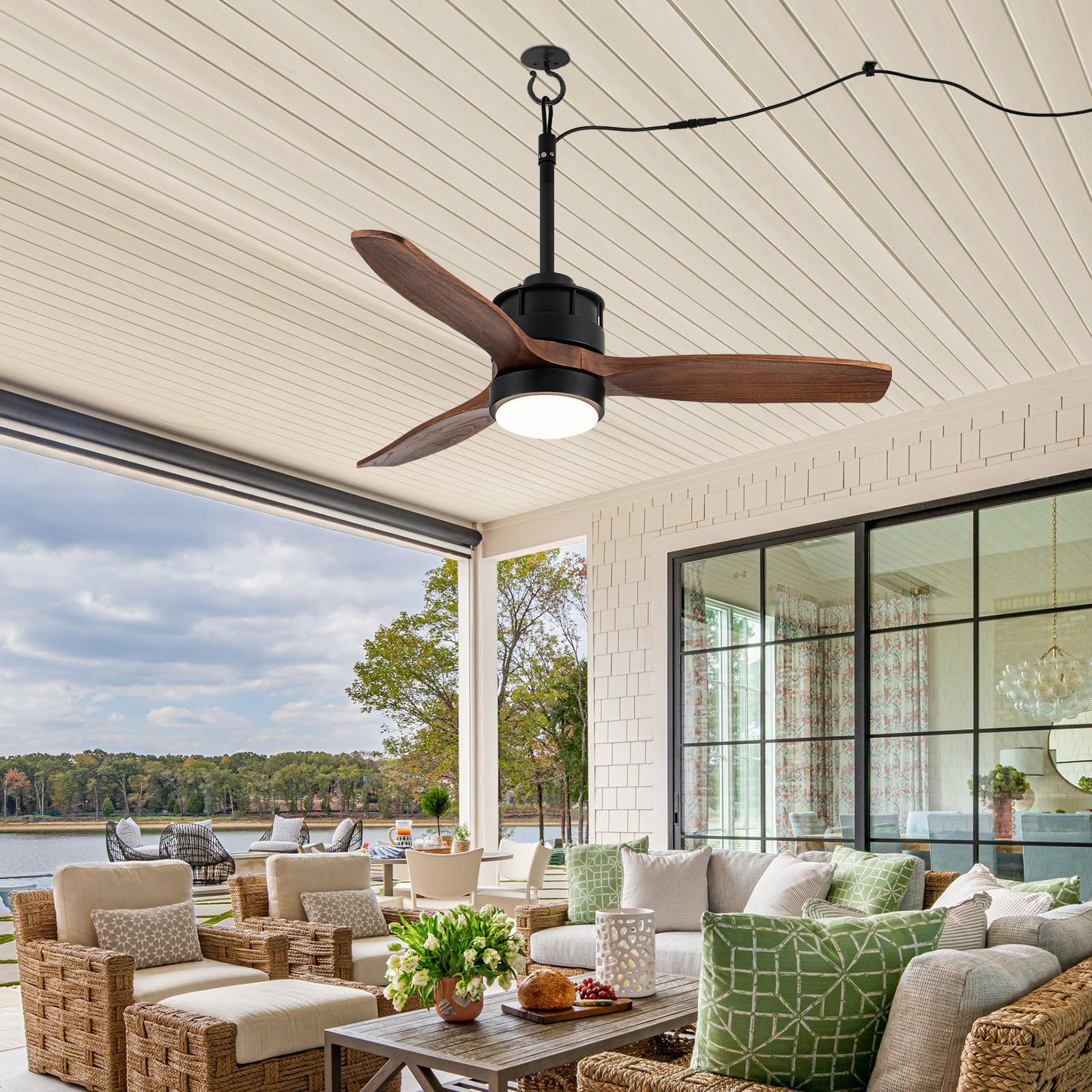 32 Inch Outdoor Ceiling Fan with Light - Waterproof Wet Rated for Gazebo, Patio, Deck - DC Motor & 3 Reversible Walnut Wood Blades - Perfect for Covered Porches, Sunrooms & Pool Areas
