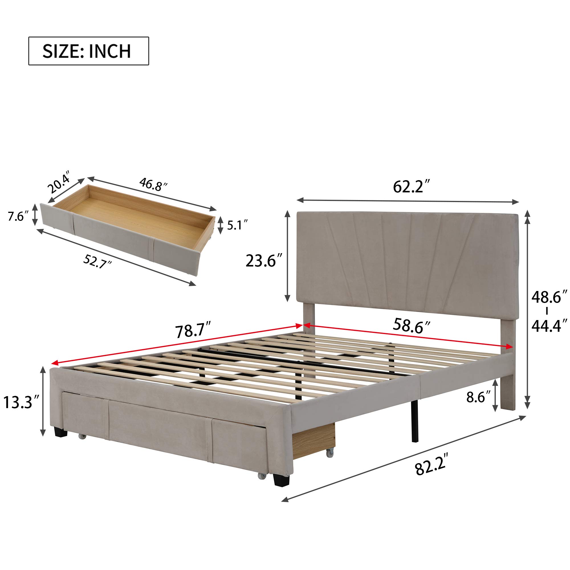 Elegant Queen Platform Bed with Storage - Velvet Headboard & Wood Slats for Bedroom (Beige)